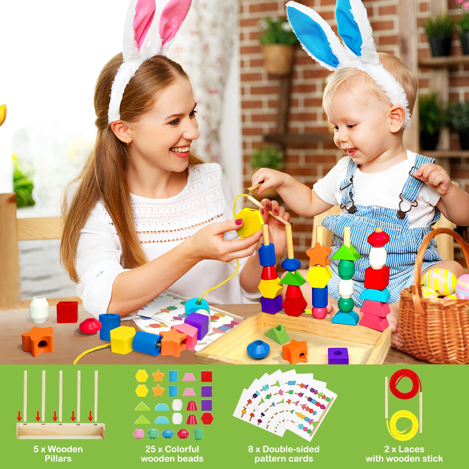 Montessori Wooden Beads Sequencing Toy Set, Sorting Stacking Blocks & Lacing Beads & Shape Matching Stacker for 2 3 4 5 Years Kids Preschool Learning Fine Motor Skills Toys Gifts for Toddler Boy Girl - 2