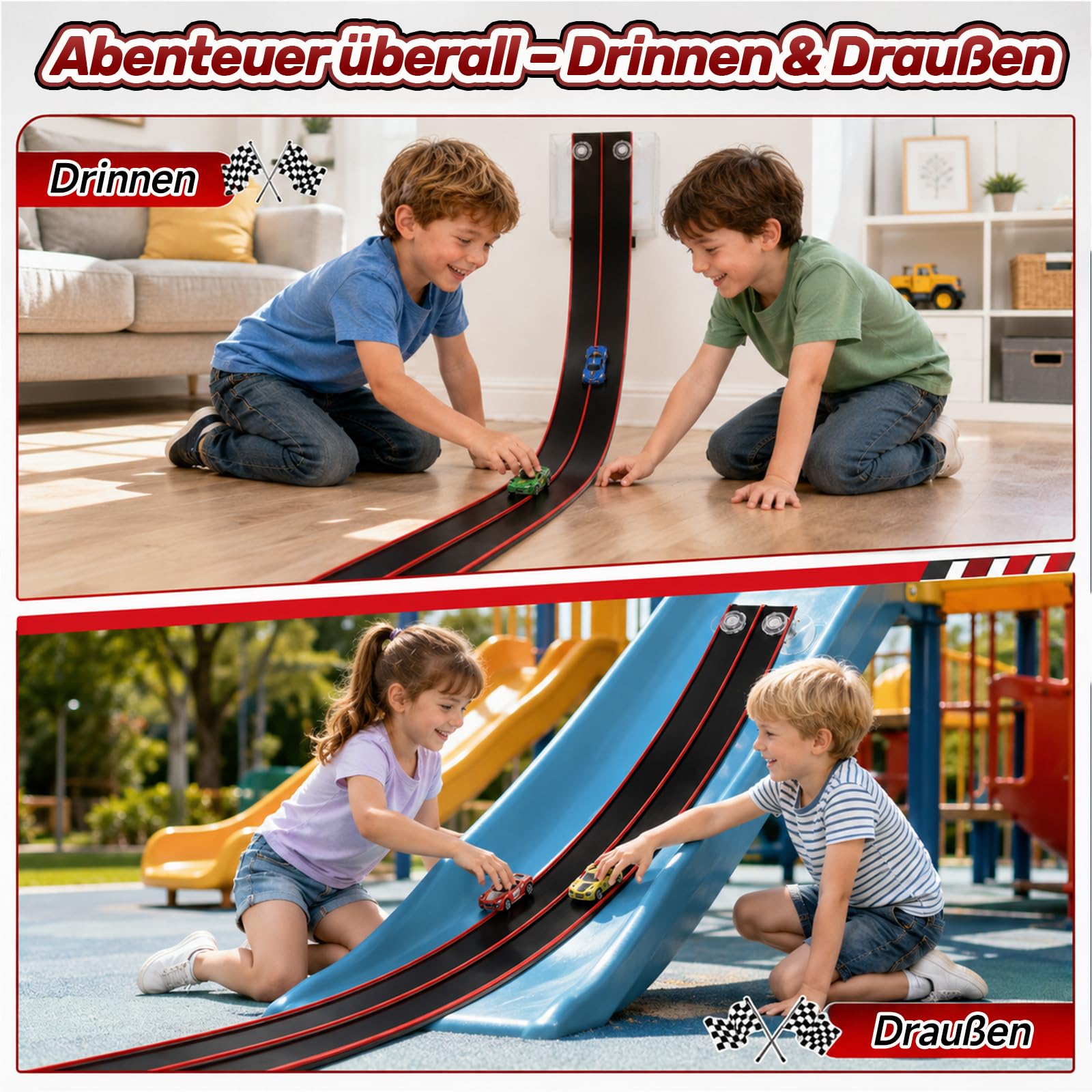 Pista da corsa flessibile per bambini, pista da corsa da 4,5 m, include 4 auto, doppia pista portatile per auto 1:64, regalo giocattolo per bambini dai 3 anni in su, regalo per interni ed esterni
