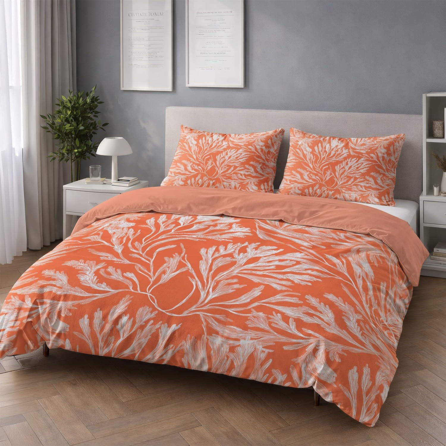 Generic Minimalistyczny zestaw poszewek na kołdrę 229 x 221 cm, elegancka, luksusowa, koralowa, z 2 poszewkami na poduszki, dwustronny design, pomarańczowo-biała, miękka poszewka na kołdrę z