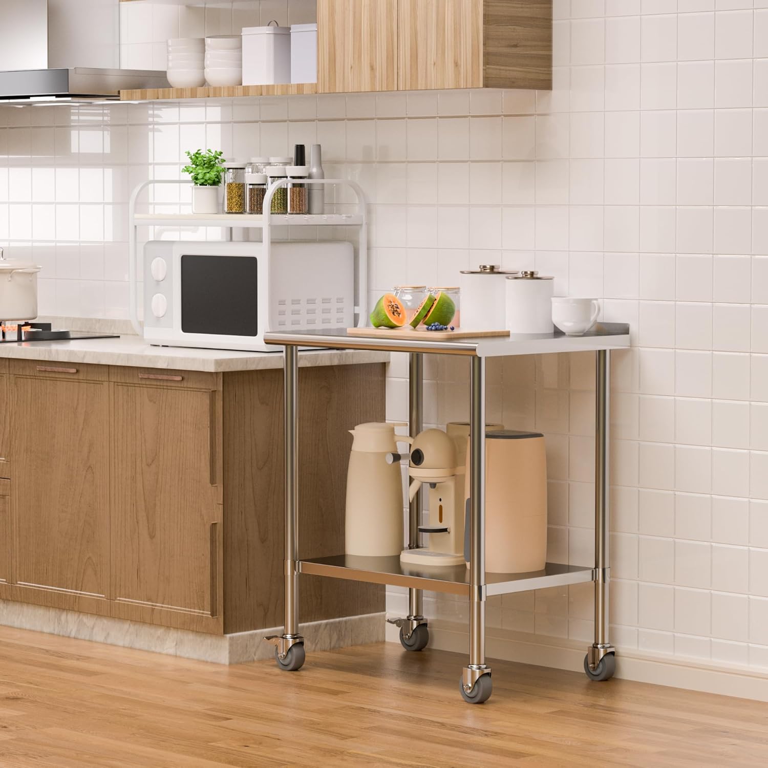 All Stainless Steel Work Table Heavy Duty Prep Table 24x36 Inch with Stainless Steel Undershelf Backsplash Replaceable Feet Casters Commercial Workstation for Restaurant Kitchen Outdoor