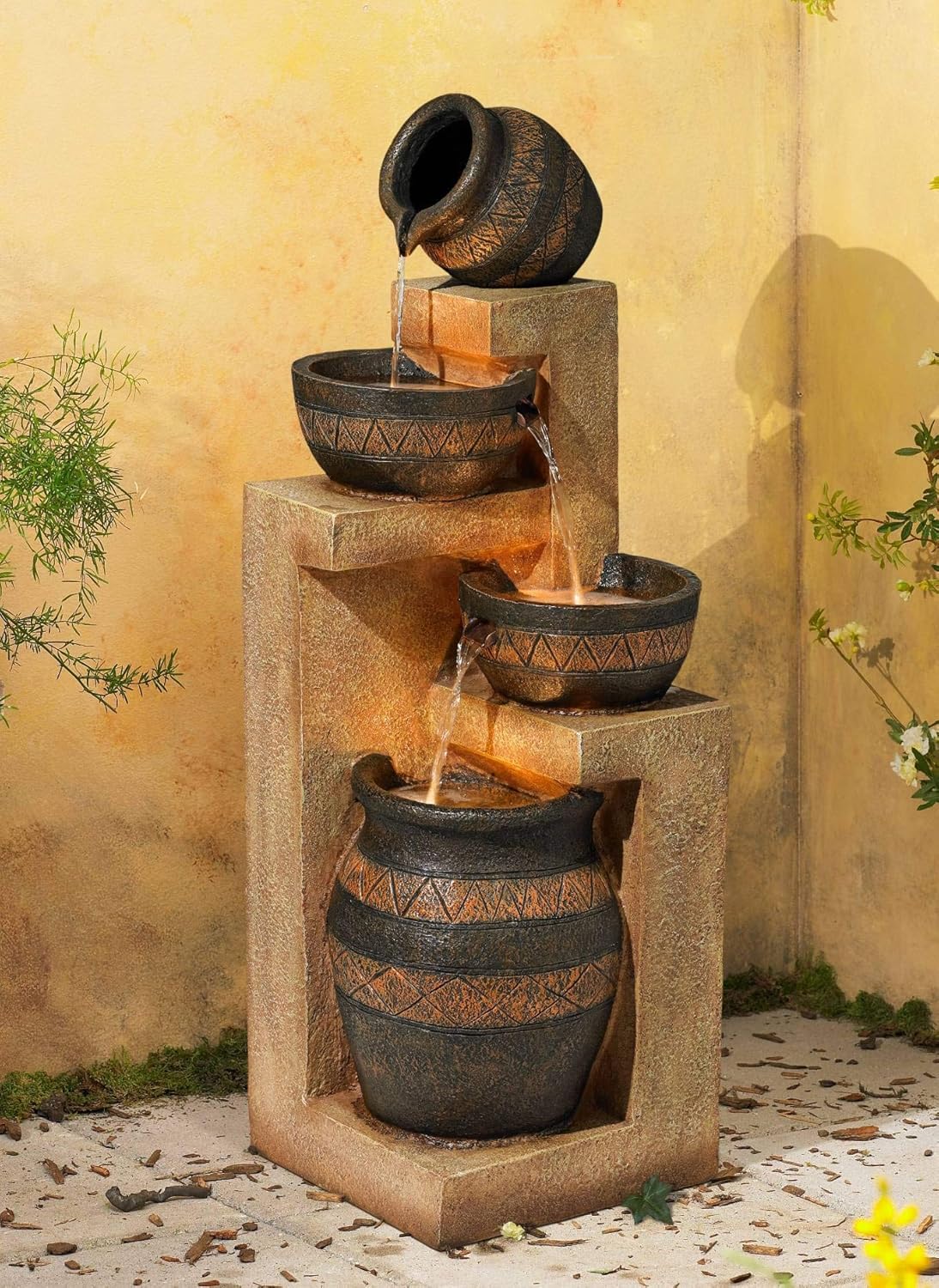 Cascading Bowl and Jug 46" High Large Rustic Indoor Outdoor Decor Faux Stone Floor Fountain with Light LED Standing Waterfall Water Feature for Outside Garden Patio Yard Backyard - John Timberland