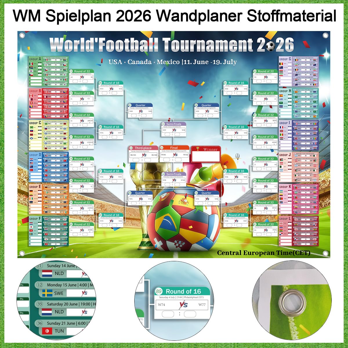 Póster de Calendario de la Copa del Mundo 2026,150x100 cm,con pegatinas de corrección de cuerda para colgar,Incluye 48 Equipos Participantes e Info de Partidos,para Salón Bar Fiesta (150x100)