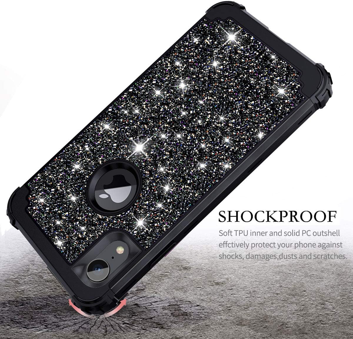 Casetego Compatible with iPhone XR Case,Glitter Sparkle Bling Three Layer Heavy Duty Hybrid Sturdy Shockproof Protective Cover Case for Apple iPhone XR 6.1 inch,Shiny Black