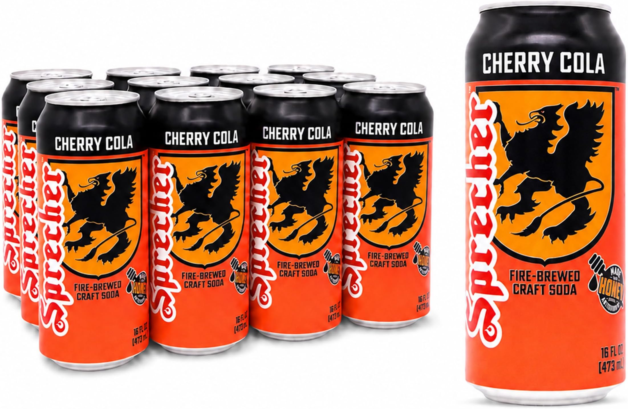Cherry Cola in 16 fl oz Cans (12 Pack), Fire-Brewed Craft Soda with Real Honey & Door County Cherry Juice, Handcrafted Premium Cherry Soda, Caffeine-Free, Gourmet Beverage