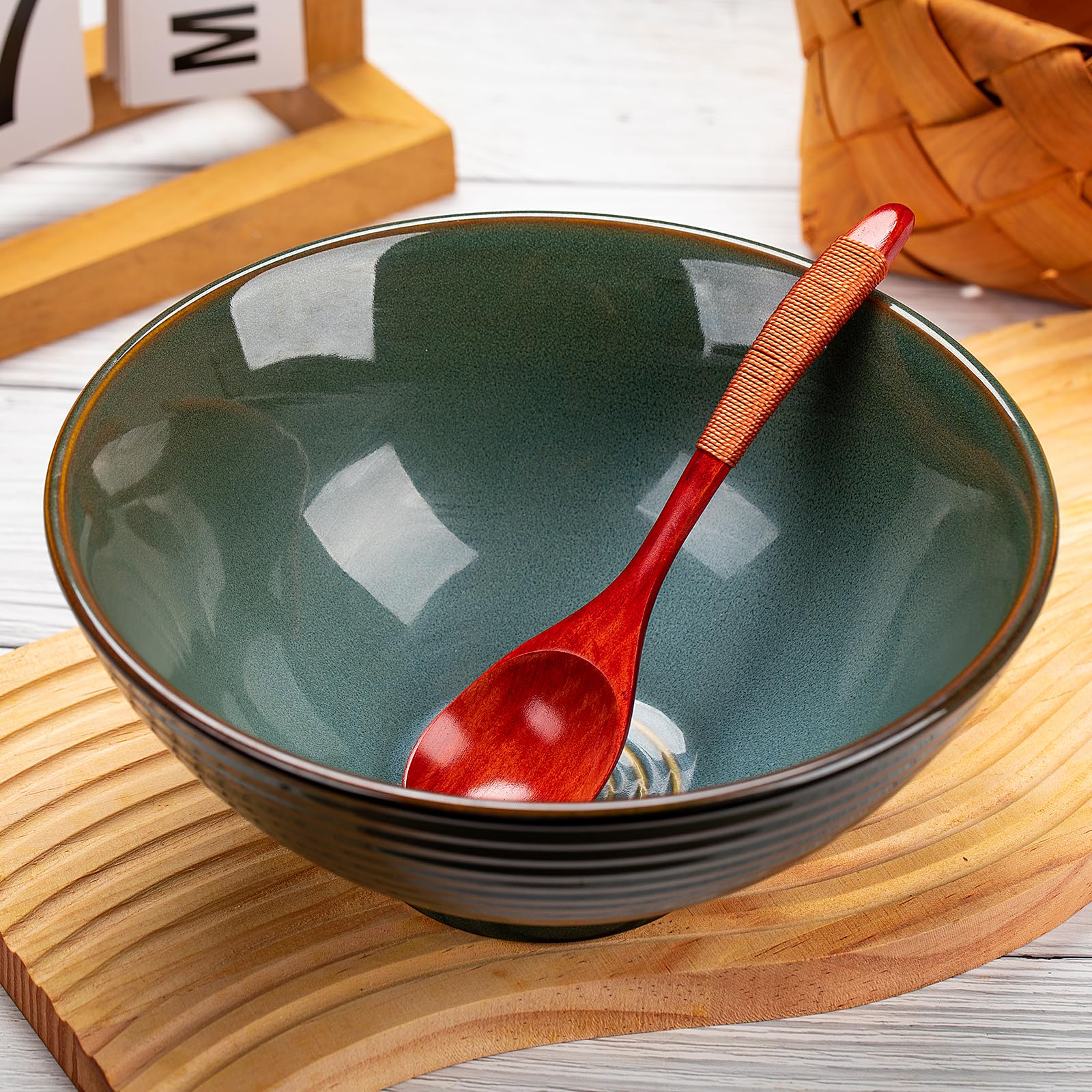 Zuppiera giapponese in ceramica con cucchiaio, bacchette - Zuppiera ramen da 1200 ml per cereali e insalate