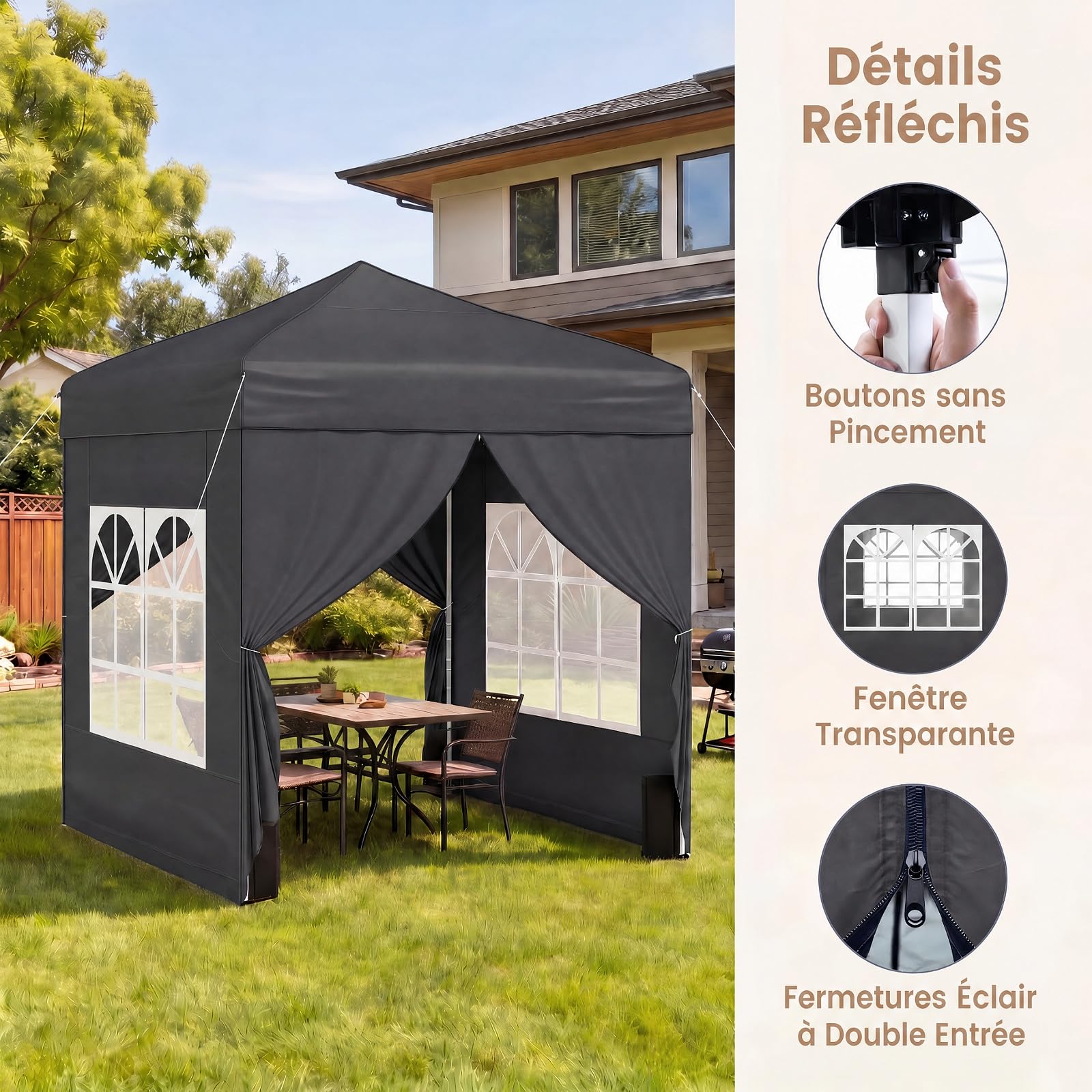 RELAX4LIFE Tonnelle Pliante 2x2 avec Parois Amovibles, Barnum Pliant pour Activités Plein Air, 2 Portes Zippées, Gazebo 2x2 Portable avec Sac à roulettes pour Terrasse Marché Festival (Noir)