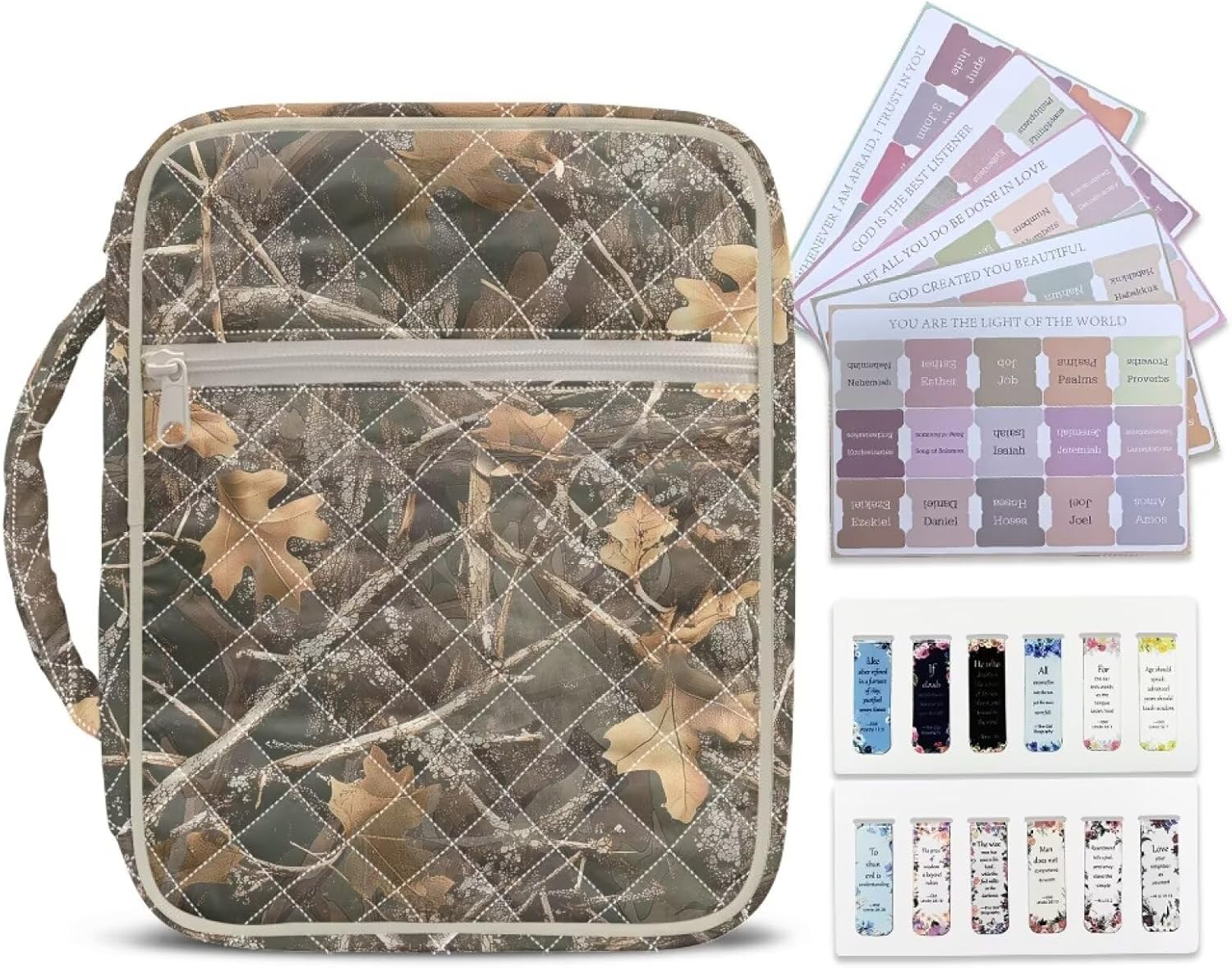 Camo Bible Cover Case for Women Quilted Bible Carrying Cases Protective Bag with Handle and Zippered Pocket for Christian Study Supplies Church Gifts Scripture Organizer Bag