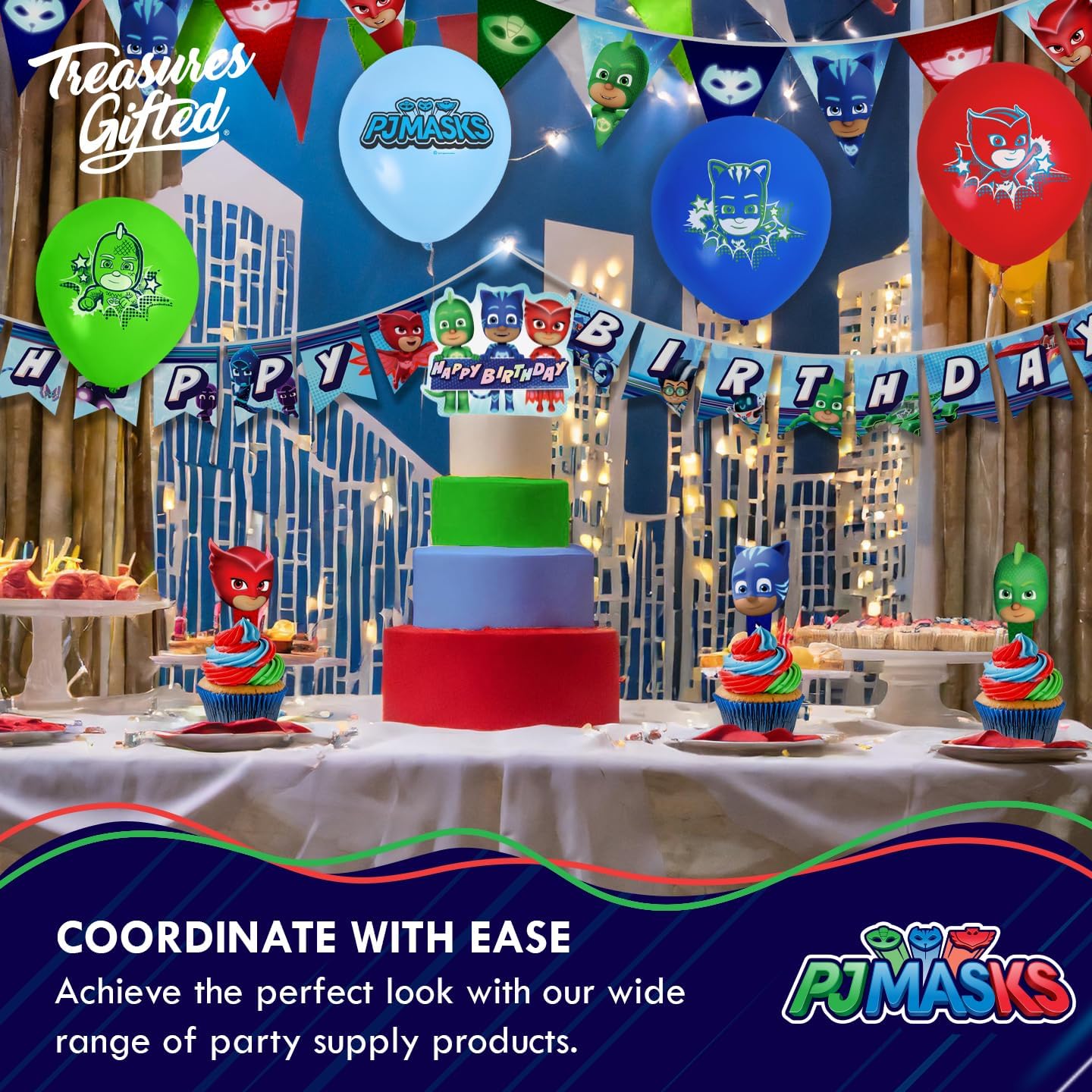 Treasures Gifted Officially Licensed PJ Masks Birthday Party Supplies - Serves 16 Guests - Complete Set with PJ Masks Decorations, Plates, Banner & More
