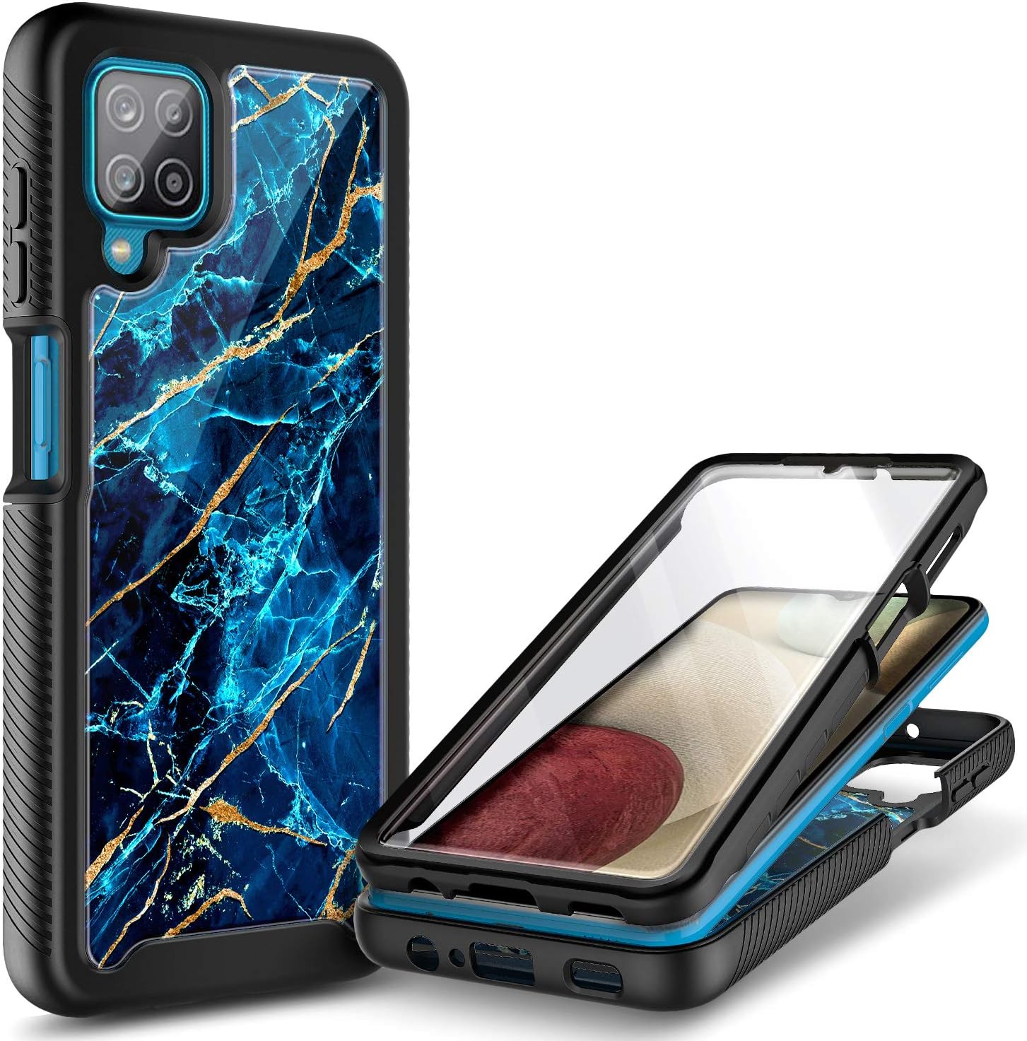 NZND Case for Samsung Galaxy A42 5G with [Built-in Screen Protector], Full-Body Protective Shockproof Rugged Bumper Cover, Impact Resist Durable Phone Case Cover (Marble Design Sapphire)