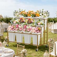 PeakPursuit 3-Tier Metal Flower Display Stand with 12 Square Plastic Buckets and Wheels,Flower Display Cart for Indoor and Outdoor Use, Gold | Flower Display Cart for Indoor and Outdoor Use,Gold