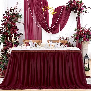 Chiffon Table Skirt for Wedding Decorations - 6ft Burgundy Tablecloth for Baby Shower Birthdays Party Home Cake Table Decorations 2 Layer