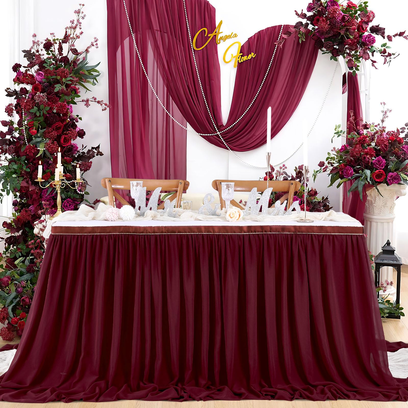 Burgundy Table Skirt for Party：2 Layer Chiffon Table Skirts Rectangle Tables Baby Shower Wedding Birthday Decorations 9FT