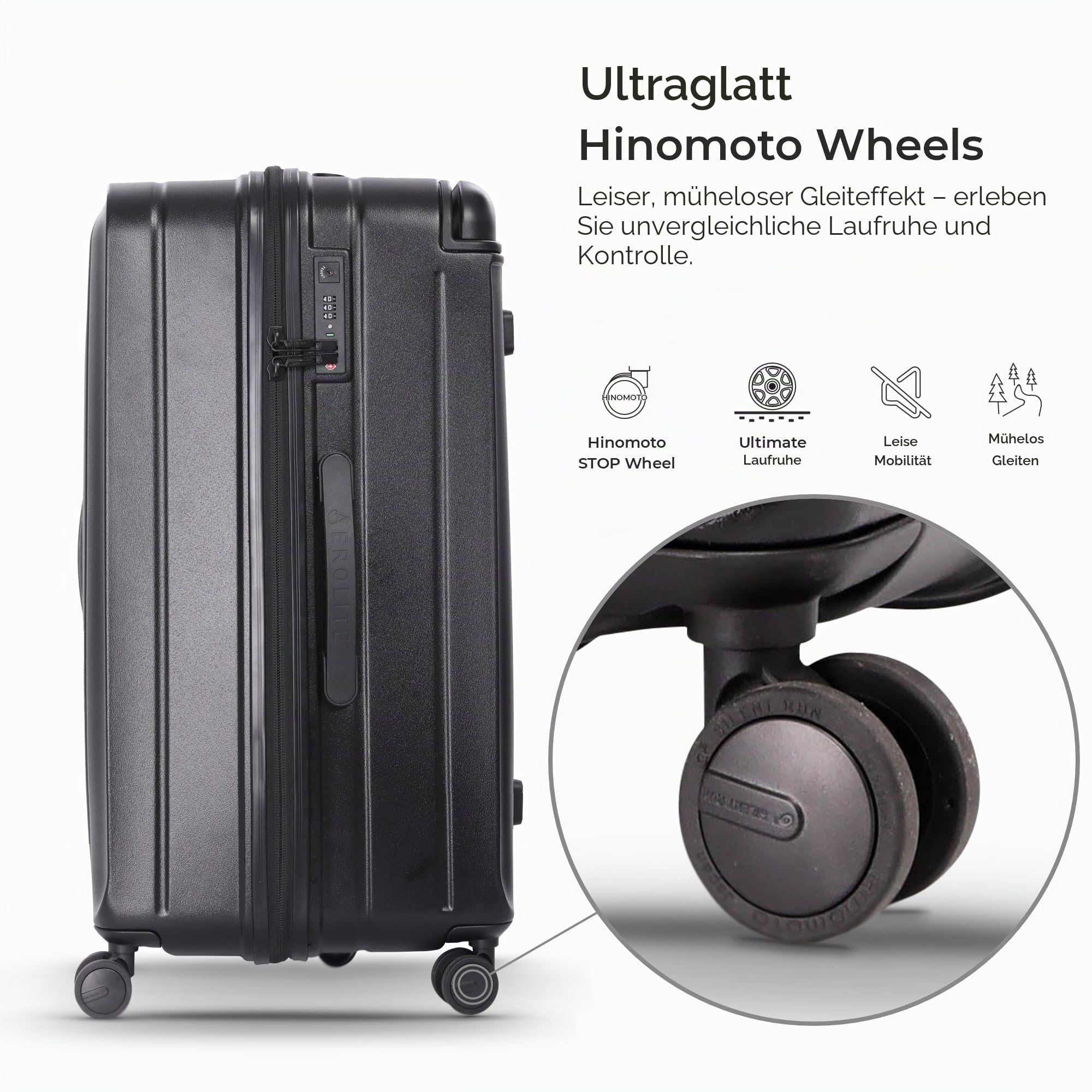 Aerolite M-Lite Großer Premium-Reisekoffer (112 l) zum Aufgeben Gepäck mit 4 + 1 leisen Rollen, Hartschale aus Polypropylen, wasserdichter Tasche, faltbaren Trennwänden und TSA-Schloss, Schwarz