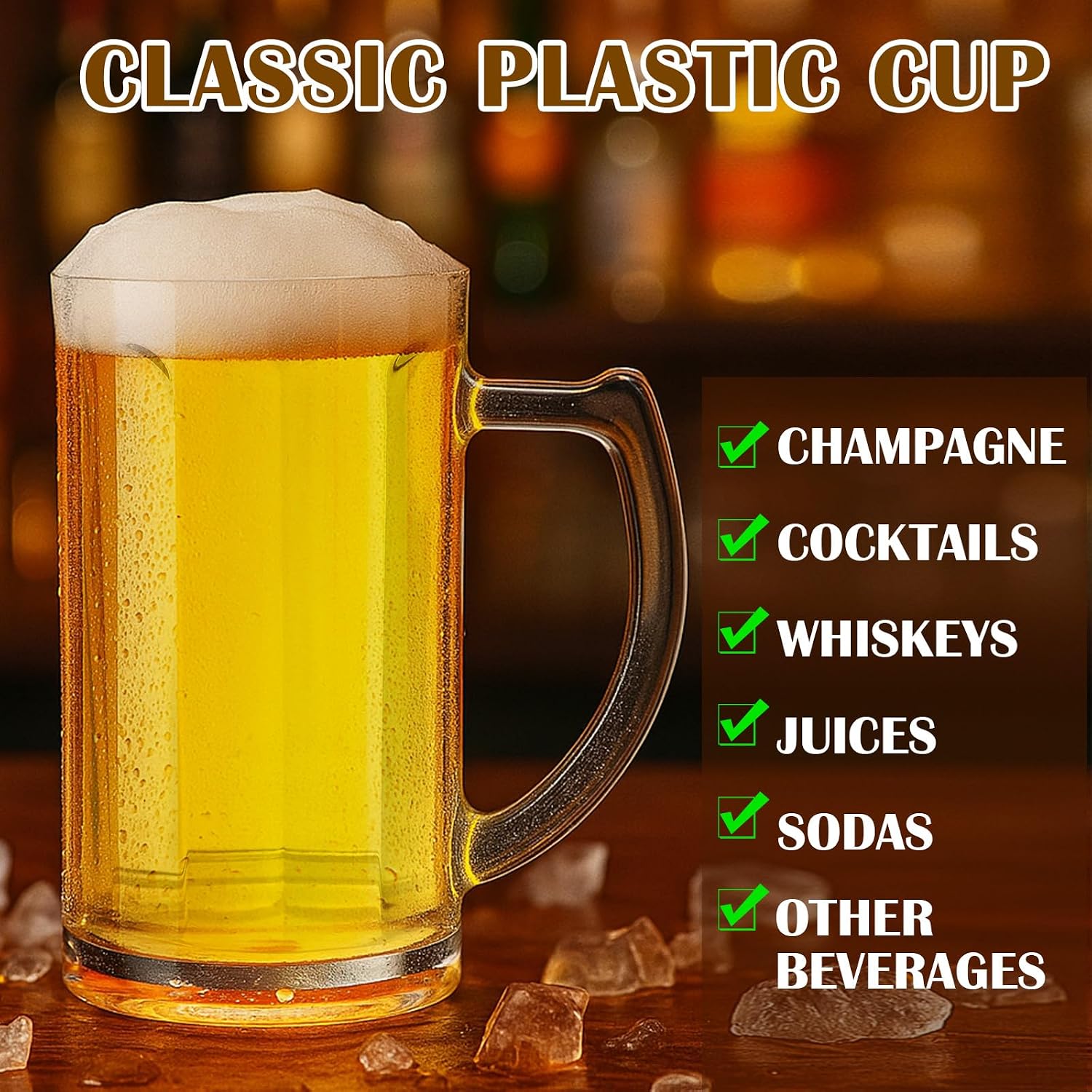 Domensi 24 Pcs 12 oz Plastic Beer Mugs with Handles Clear Plastic Steins Beer Glasses with Handle Reusable, Classic Mugs for Whiskey Juice Coffee Tea Cocktail