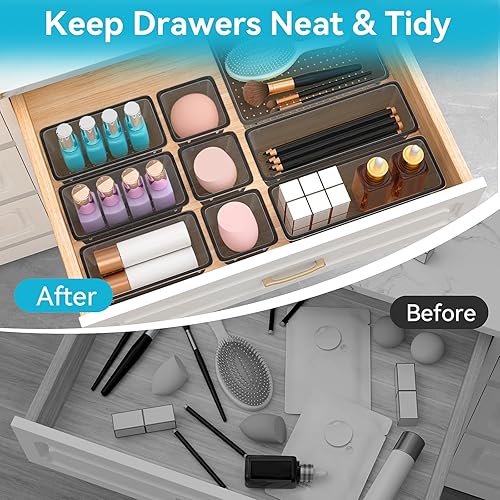 Miniatura 6 de Juego de organizador de cajones de 12 piezas, 4 tamaños, organizador de tocador de plástico versátil para maquillaje, papelería, artilugios, en Negro