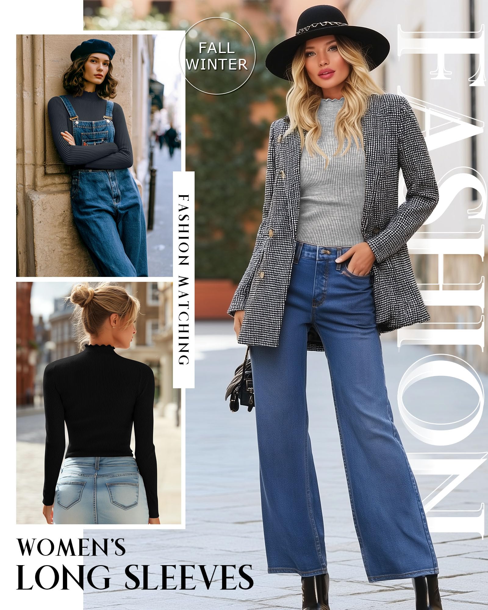 Geyoga Lot de 3 Hauts Femme Shirts Coton Manches Longues, col Montant, Finitions volantées côtelées sous-vêtement Thermique
