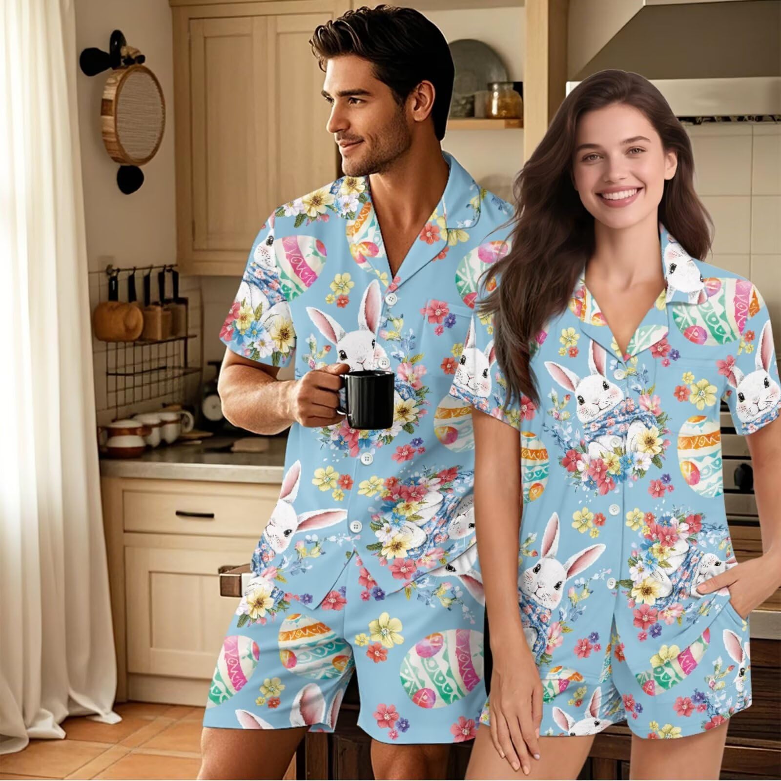 Pijamas a juego para parejas, de manga corta, con botones, ropa de dormir a juego
