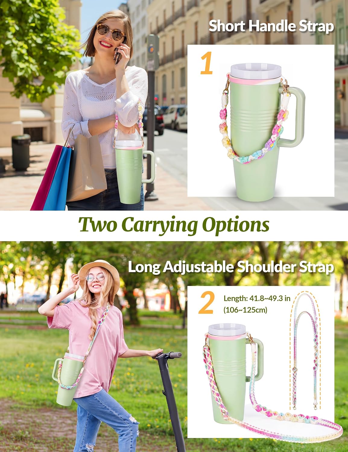 NiHome Water Bottle Handle Set for Stanley, Owala, Simple Modern, Hydro Flask, Yeti, Adjustable Handwoven Strap with Shoulder Carry and Short Handle, Hands-Free Secure Fit for Hiking, Camping, Cycling image 2