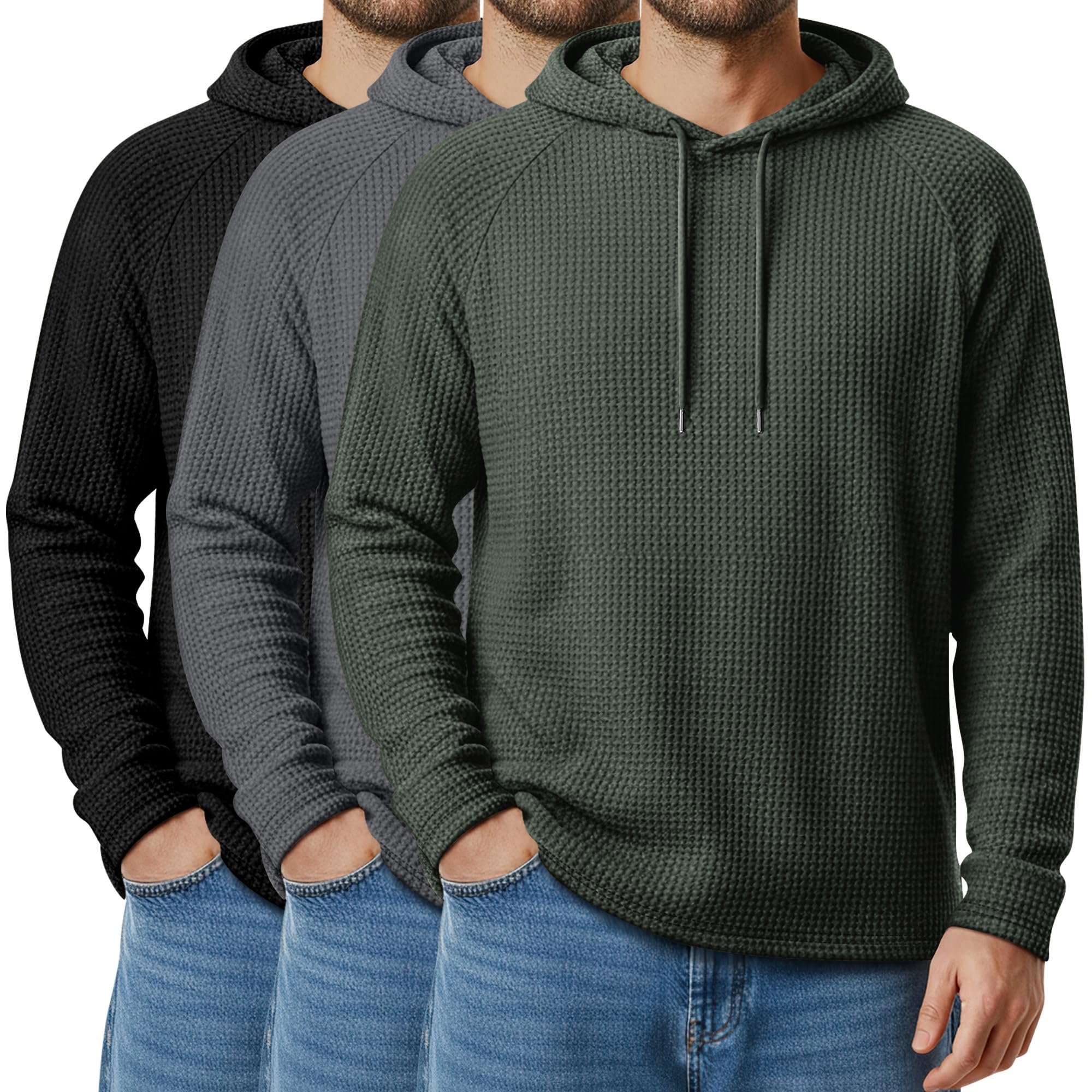 3 Pack Mens Big and Tall Hoodies Sweatshirts Waffle Knit Long Raglan Sleeve Casual Pullover Drawstring Shirts