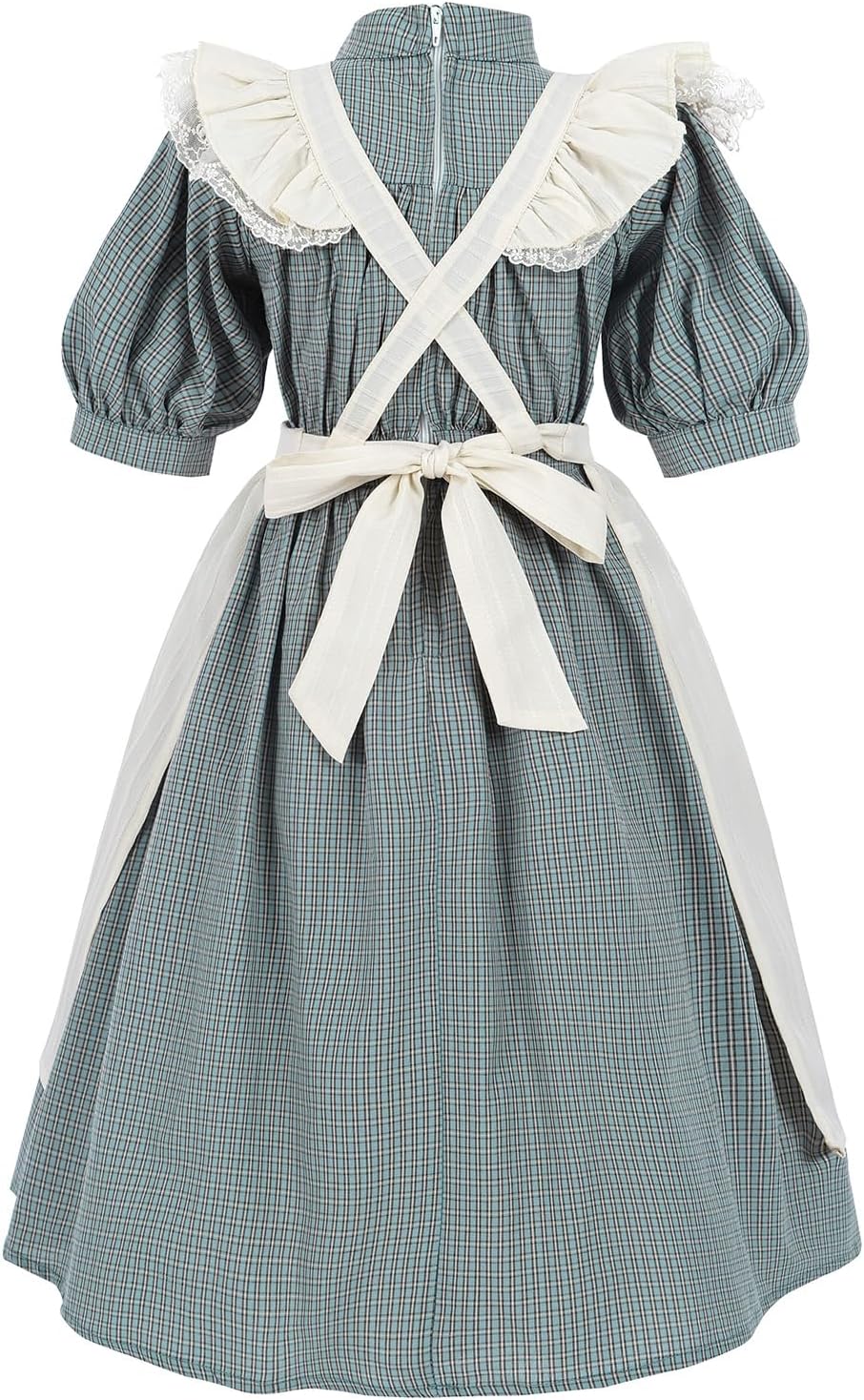 FCCAM Prairie Pioneer Dresses for Girls Short Sleeves Plaid Colonial Costume Girls with Bonnet
