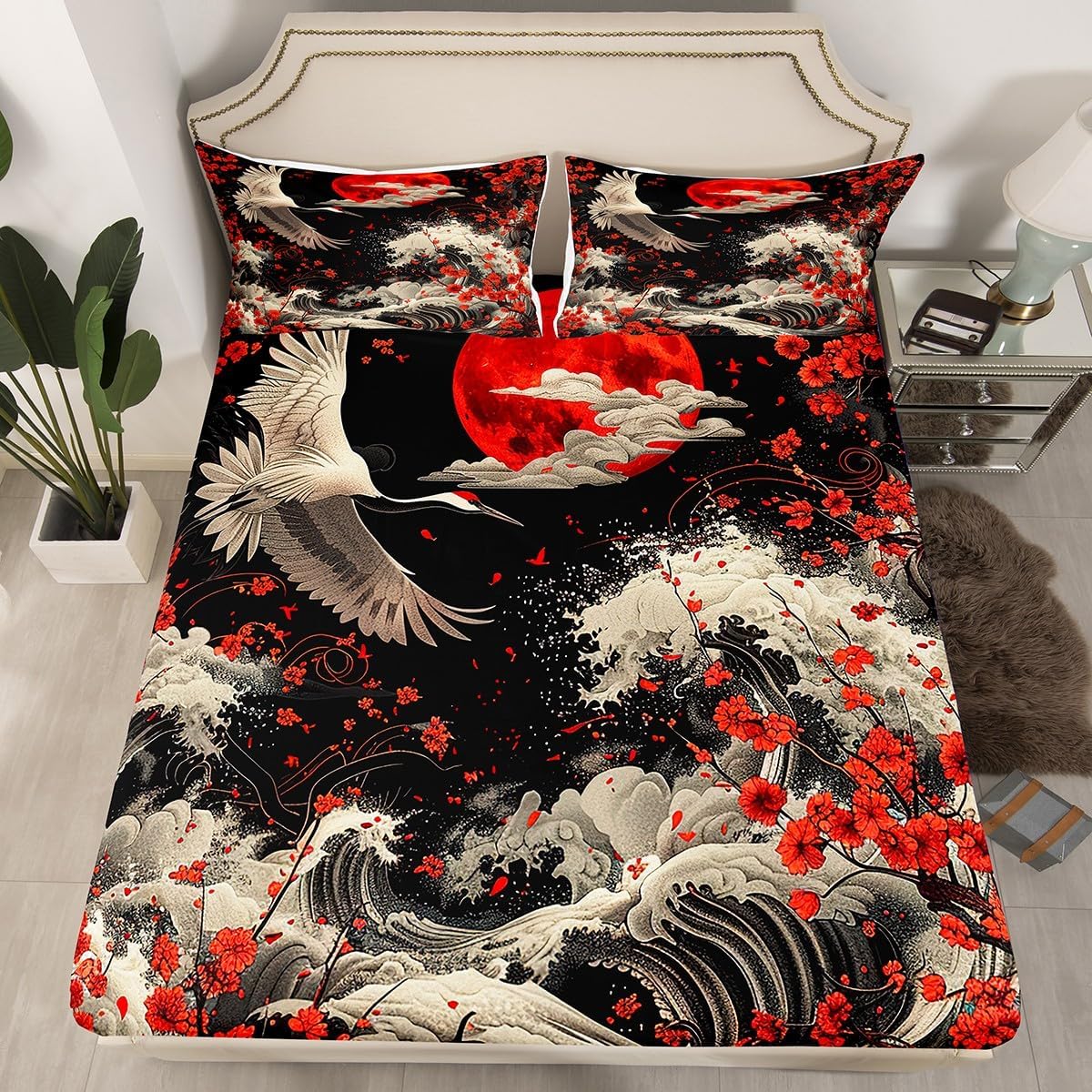 Erosebridal Vintage Japanese Art Queen Fitted Sheet Retro Ukiyoe Bedding, Chic Cherry Blossom Flower Bed Sheets Crane Wildlife Animal Bed Cover, Red Sun Print Ocean Wave Bed Set (Deep Pocket)