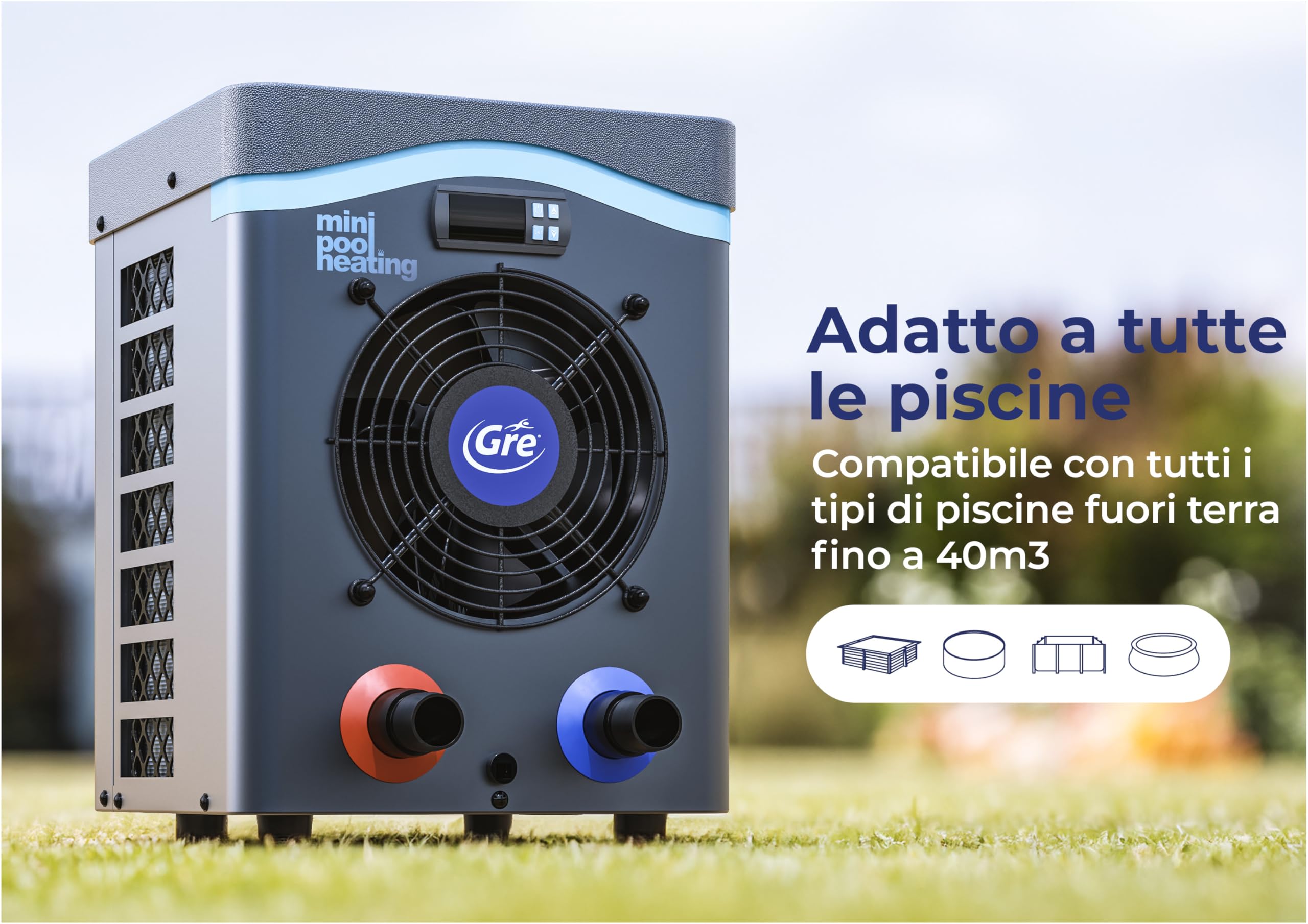 Gre Mini Pompa di Calore Fino a 28°C Senza Bypass Piscine Fuori Terra 20 m³