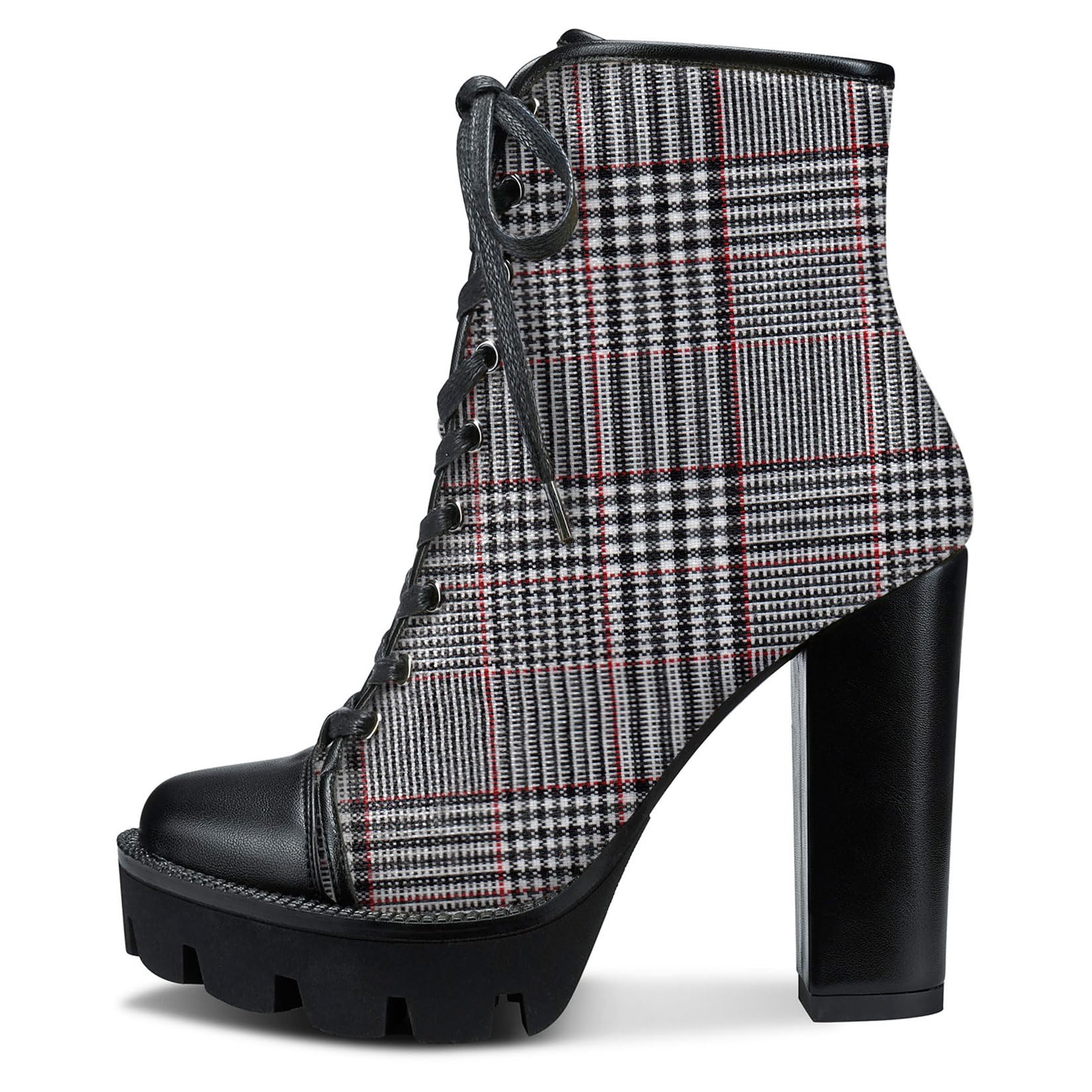 Castamere Womens High Heel Platform Lace Up Booties Chunky Heel Ankle Boots With Zipper Round Toe 12CM Heels: 11.5 Grey Plaid