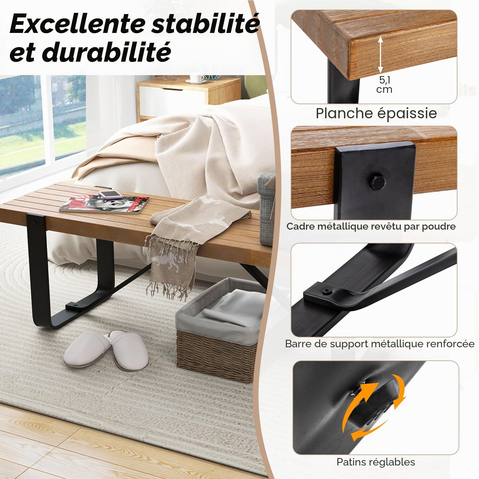 KOMFOTTEU Banc de salle à manger 152,5 x 43 cm en bois avec pieds en métal - Banc de table en bois sans dossier - Banc de cuisine avec pieds en U - Banc de couloir - Charge maximale : 300 kg