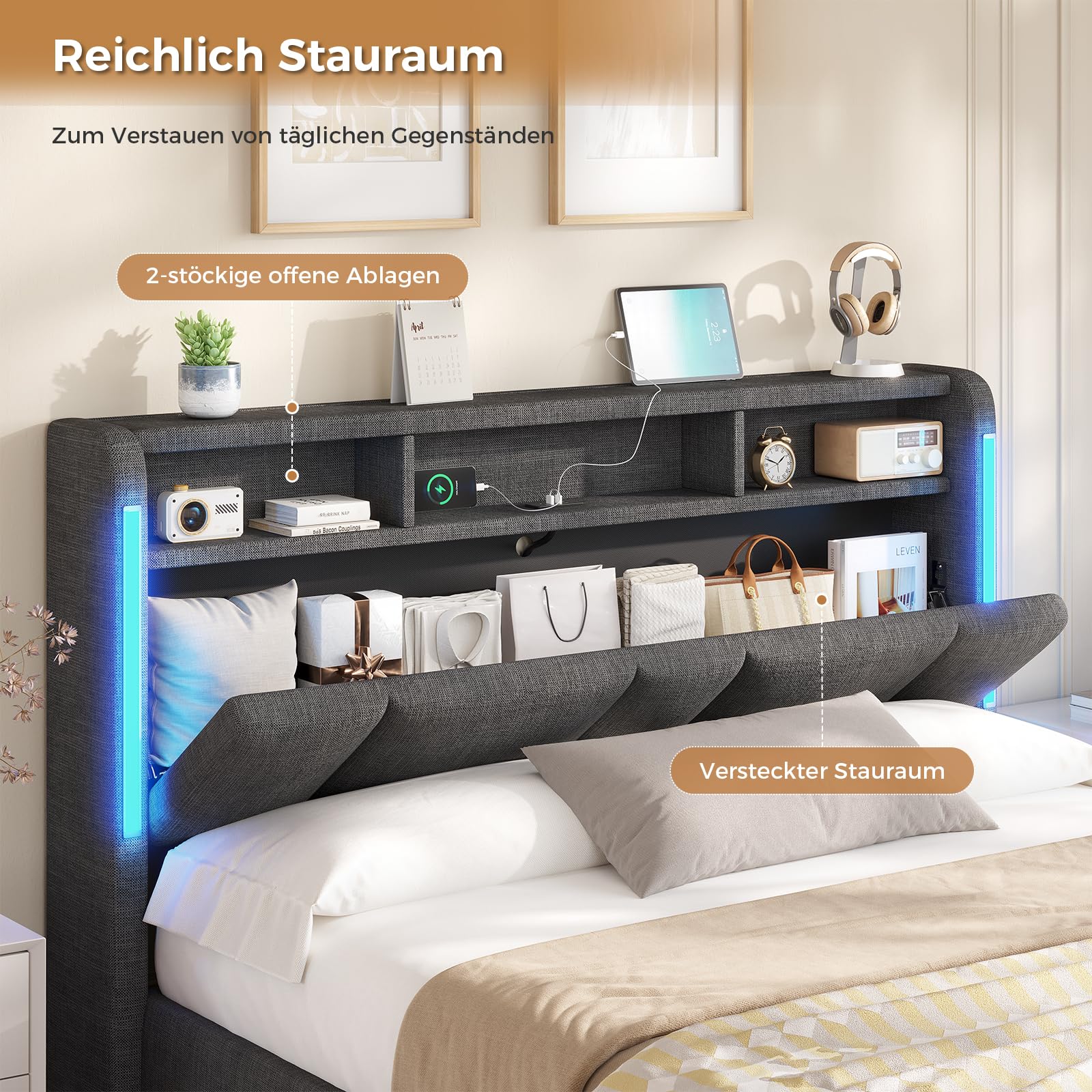 AOGLLATI Polsterbett Doppelbett 140x200 mit bettkasten, Hydraulischem Stauraumbett mit LED Beleuchtung & Steckdosen, Bett 140x200 cm mit Stauraum Kopfteil, Lattenrost, Linen,Dunkelgrau (Ohne Matratze)