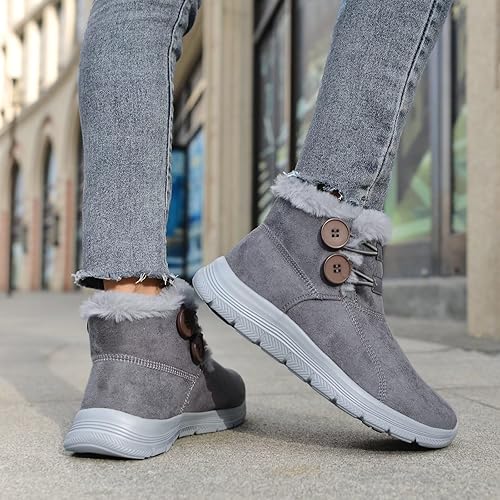 Vista 6 de LANCROP Botas de nieve de invierno para mujer, con forro de piel, botines de tobillo sin cordones, cálidos, impermeables, para exteriores