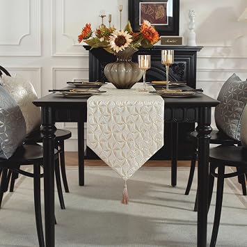 TAOSON Luxury High Precision Jacquard Modern Gold Table Runner with Tassels Polyester Wrinkle Resistant Damask Table Runners for Kitchen Dining Tabletop Decoration 13 x 87 Inch S038