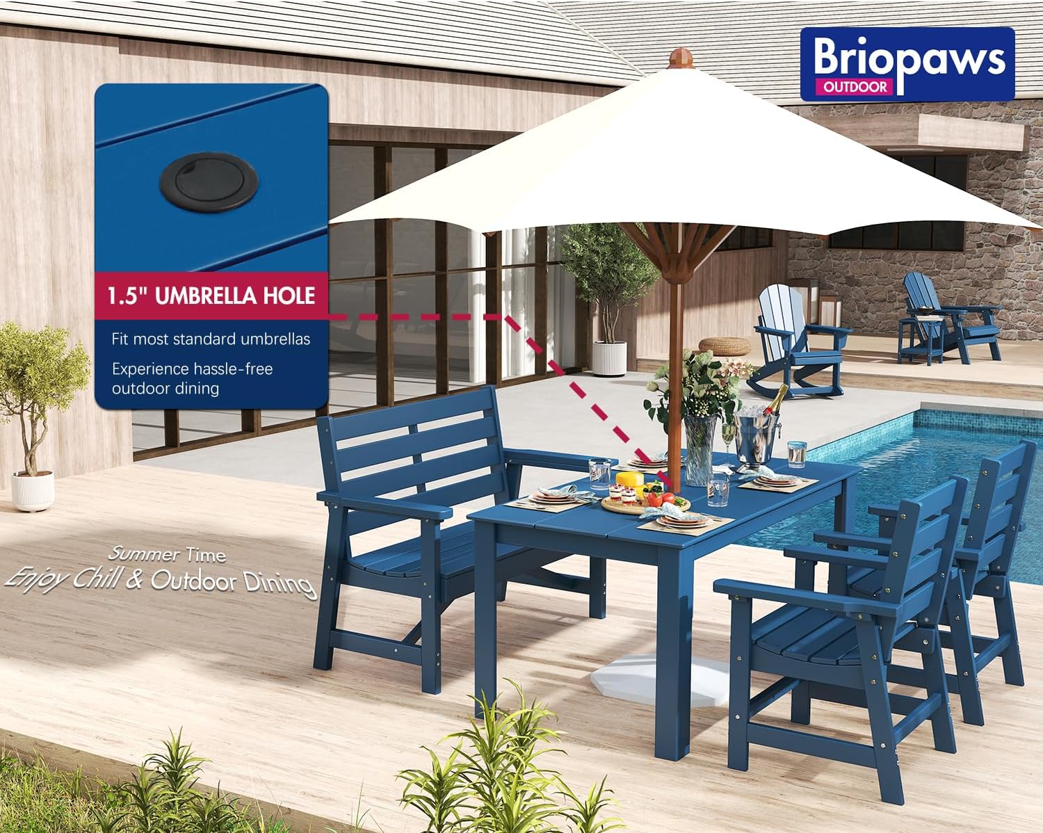 BRIOPAWS Outdoor-Dining-Table-Set | 4 Piece | HDPE | 1 Bench and 2 Chairs Sets for 4 | Patio Dinner Furniture | All Weather | Umbrella Hole | for Poolside Deck Backyard Outdoors | Blue