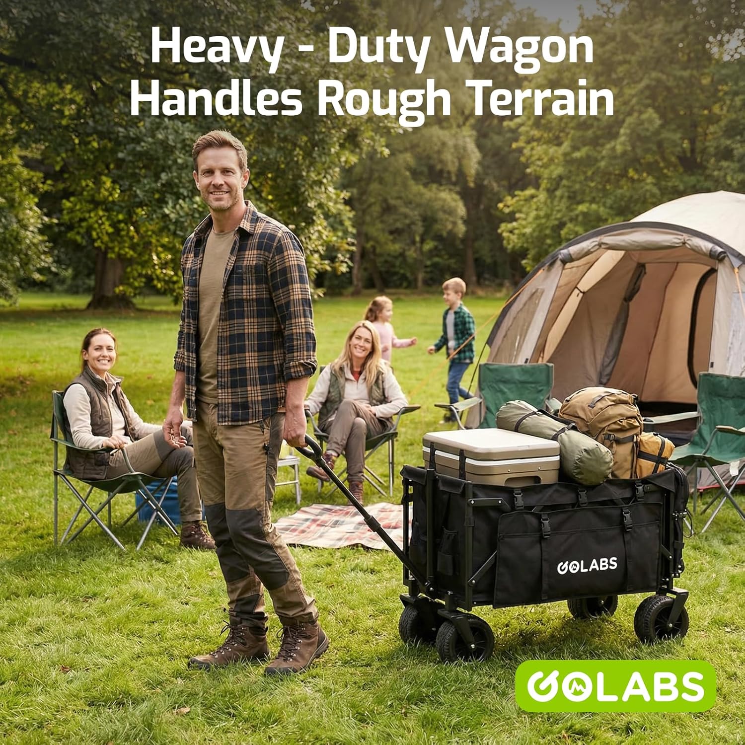 Golabs WA2 Wagon Cart Max 560lbs Load & Expandable Storage Max 280L(2 Side Strap), Heavy Duty Beach Wagon with Brakes, 7×4" Big All-Terrain Wheel, 3S Quick Fold Design for Garden & Camping & Beach