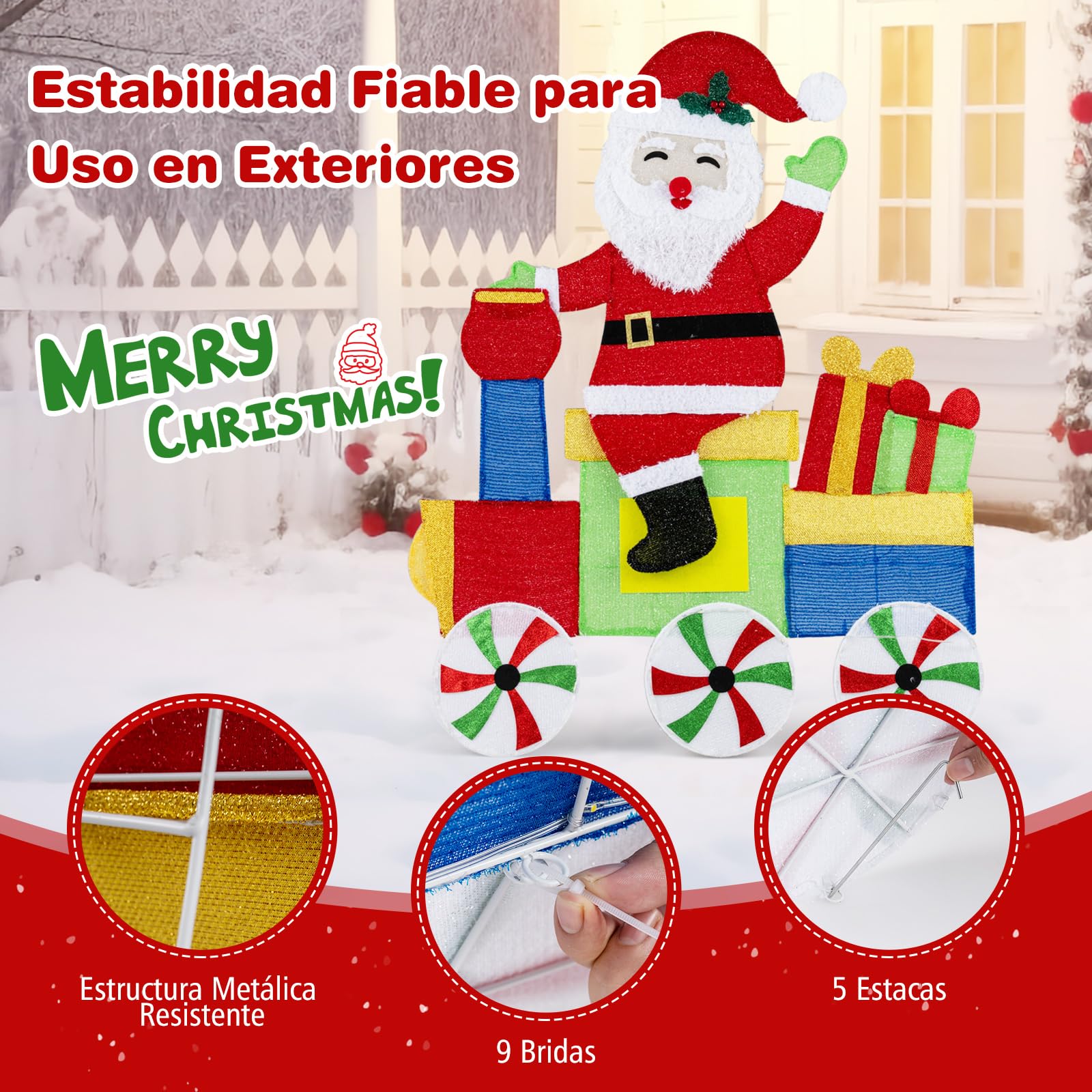 GOPLUS Decoración Navideña Exterior con Papá Noel en Tren y 133 Luces LED