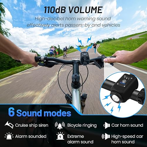 Miniatura 3 de Bocina de bicicleta con luz, 110 dB, bocina eléctrica para bicicleta, 6 sonidos y 4 modos de luz, volumen de brillo ajustable, recargable por USB,
