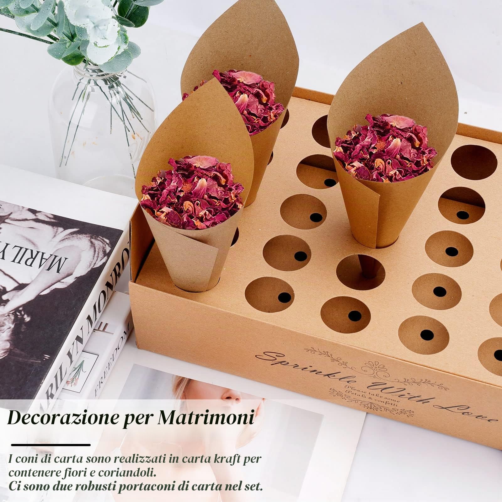 Coni Portariso per Matrimonio 60 Pezzi Carta Kraft con 2 Portacoriandoli, Portaconfetti per Nozze, con Adesivi