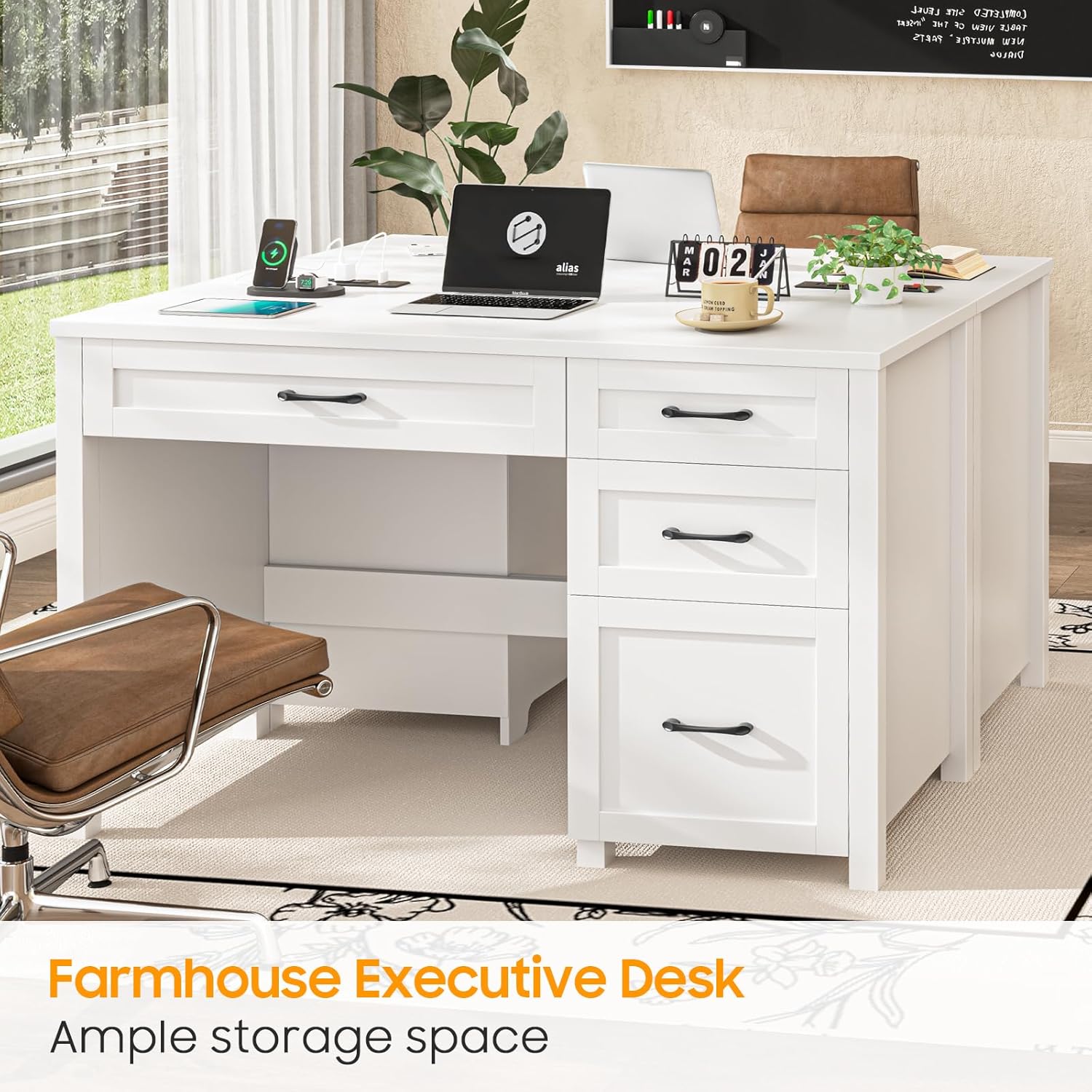 Vabches Farmhouse 47" Executive Desk, Computer Desk with File Drawer and Charging Station, Workstation for Home Office, Study.Cream White