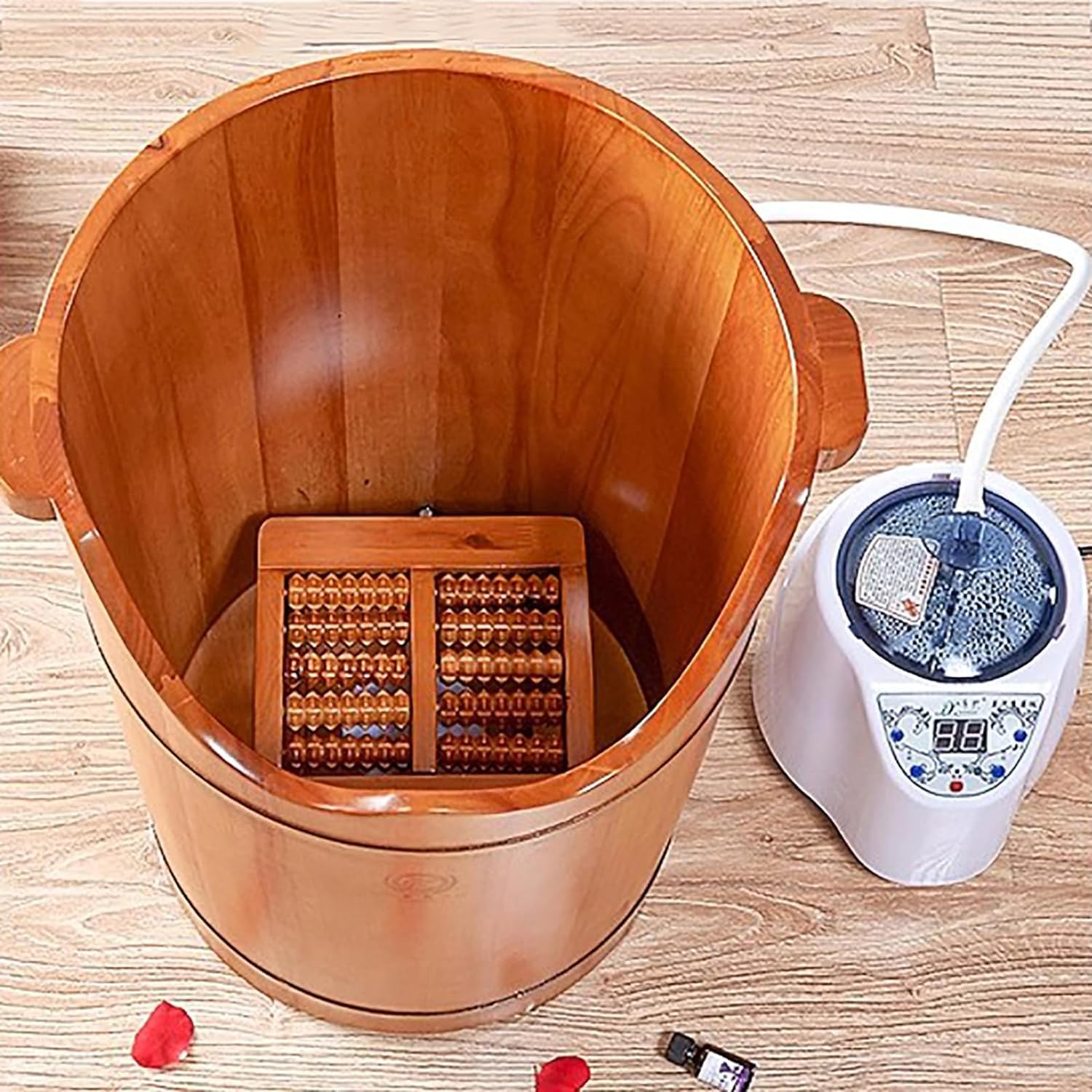 Vasca per pediluvio con macchina a vapore e sgabello da massaggio, secchio per pediluvio in legno di alta qualità per ammollo dei piedi, barili con coperchio, vasca per pedicure in legno di gomma