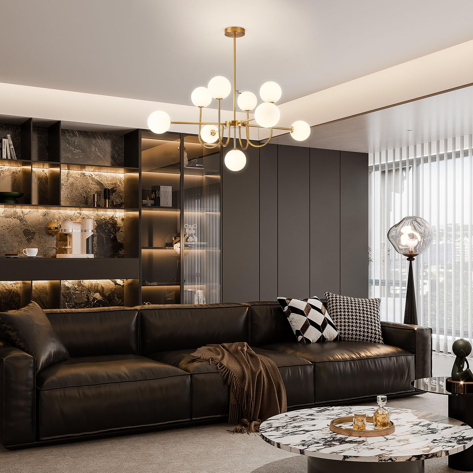 Moderne Sputnik Kronleuchter mit 9 weißen Glaskugeln, Gold Deckenleuchte, Vintage Pendelleuchte, halb eingebaute Deckenlampe für Wohnzimmer Schlafzimmer Küche und Esszimmer