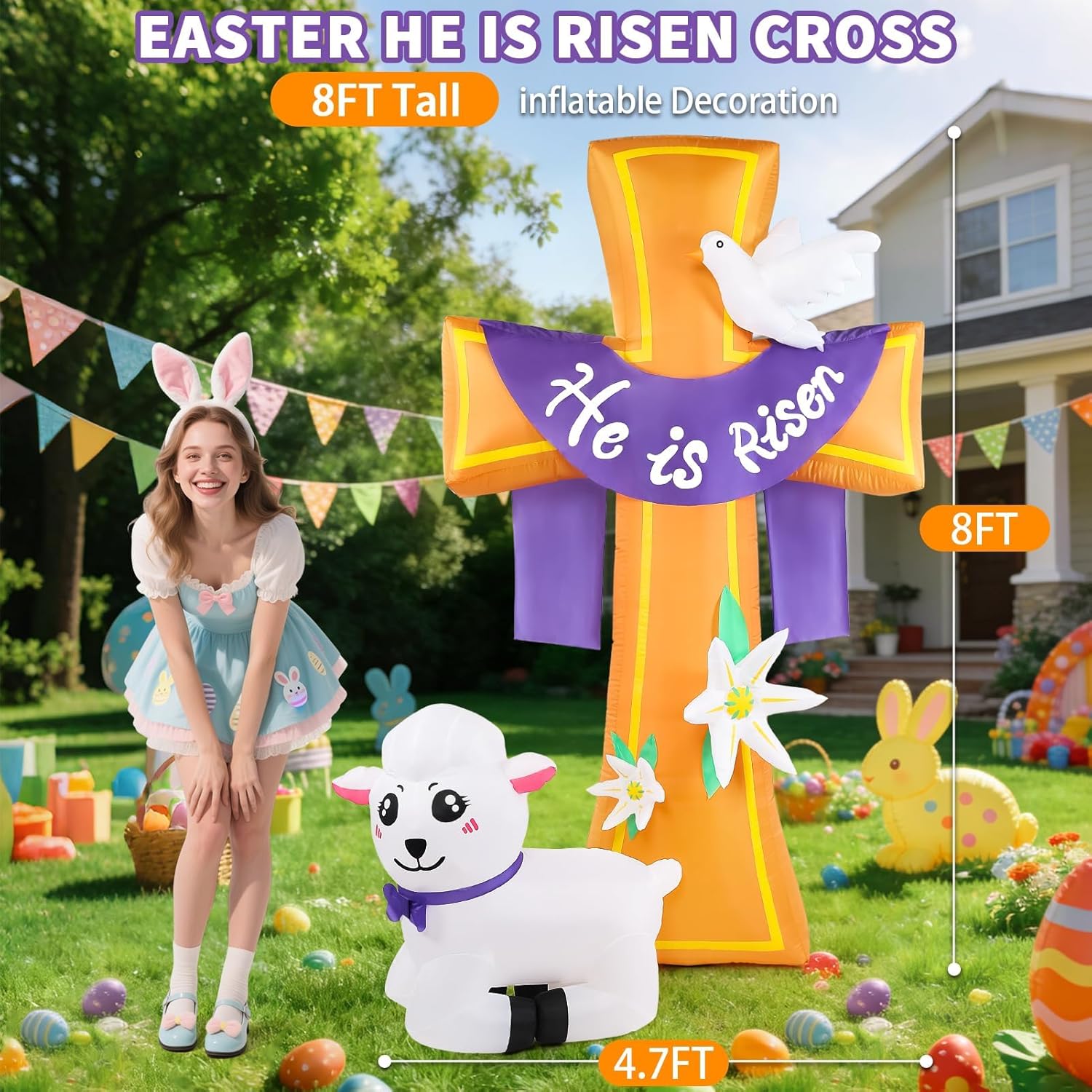 Easter Inflatables Outdoor Decorations, 8FT He is Risen Cross Inflatable with White Lamb, Lily & Peace Dove, Build in LED Lights Happy Easter Blow Up Yard Decor for Lawn Garden Church Spring Party