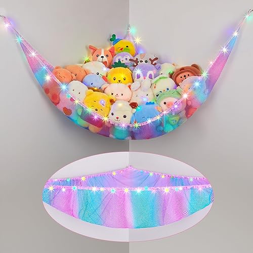 Vista 29 de Basumee Red de animales de peluche o hamaca con luz LED, hamaca de red de juguetes para almacenamiento de animales de peluche, hamacas para Azul