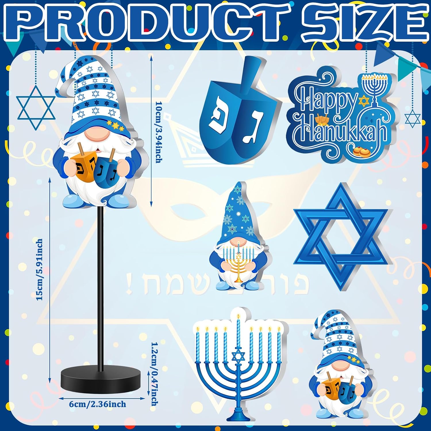 Shellwei 6 Pcs Hanukkah Table Decorations Decor Happy Hanukkah Wood Table Sign Chanukkah Party Decor for Home Indoor Centerpiece Menorah Dreidel Star of David(Classic Style)