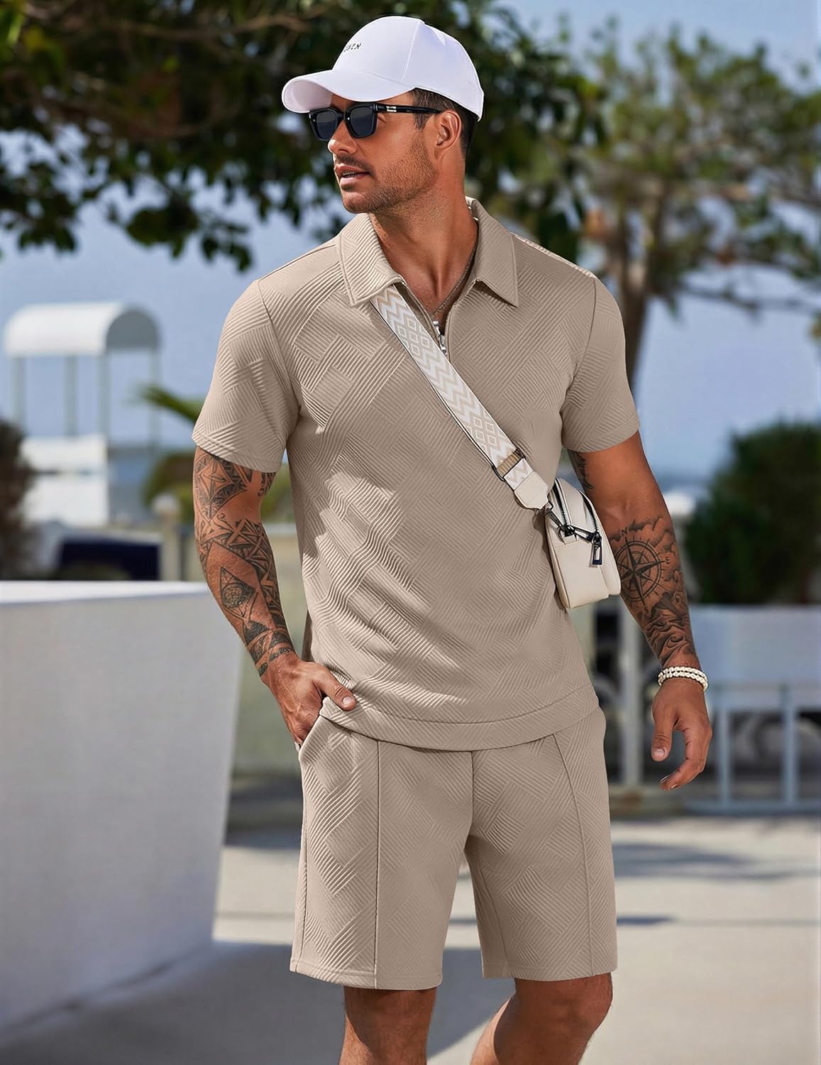 COOFANDY Men Short Sets 2 Piece Outfits Casual Quarter Zip Polo Shorts Sets Textured Summer Outfits Fashion Tracksuit Golf