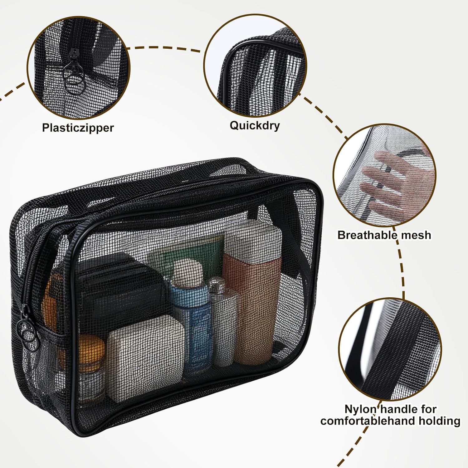Mesh Shower Toiletry Caddy Bag Portable for Travel Gym Bathroom Camping Women Men (Black)