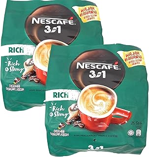 2 Packs Nescafe 3 in 1 Stronger taste than Original Nescafe 3 in 1 Rich Instant Coffee Lebih Kaw Premix Coffee Serve in Cold or Hot 25 Sticks/25 Serving