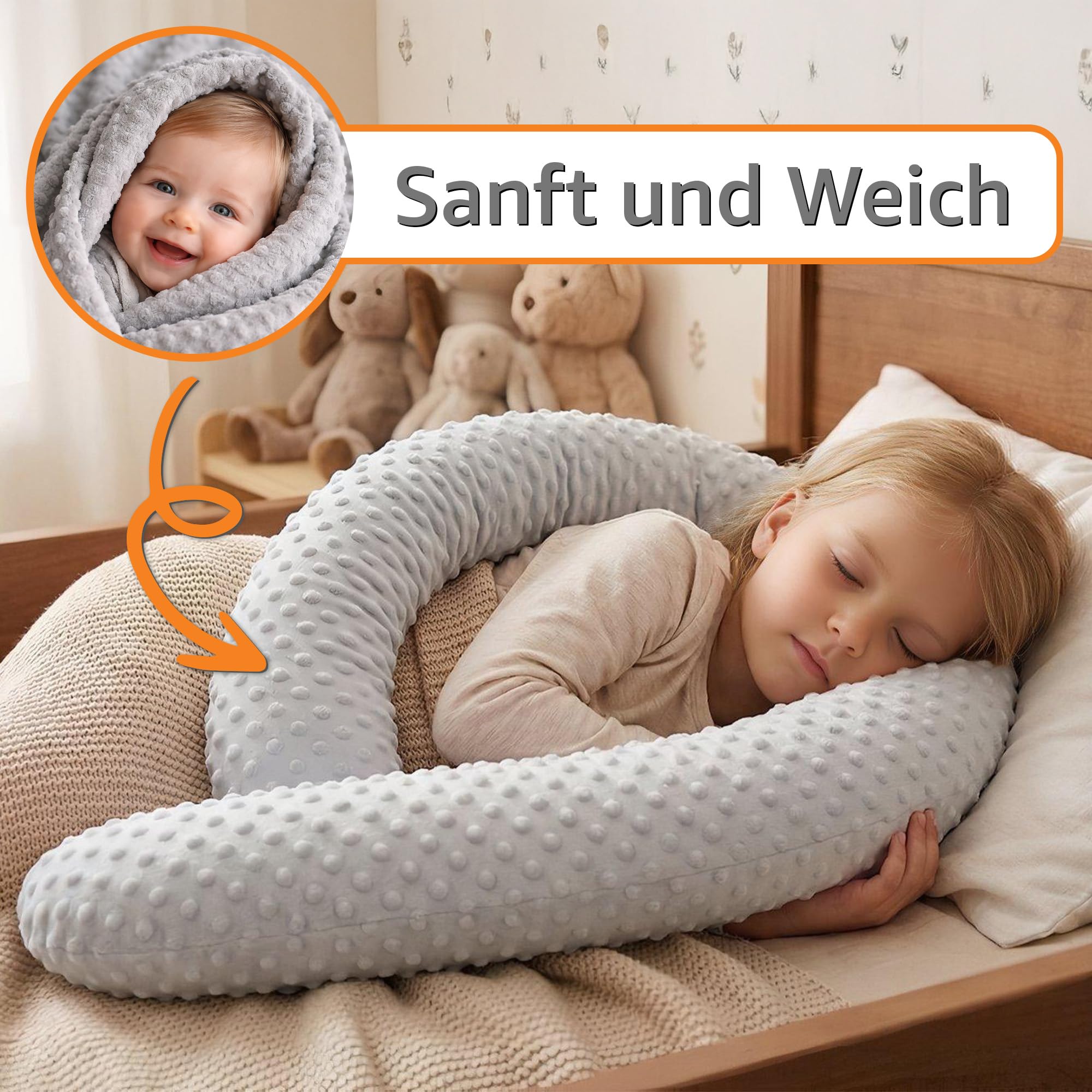 Totsy Baby Seitenschläferkissen Bettschlange Body Pillow 300 cm Minky - Kopfkissen lang Bettrolle Schlafkissen Nackenrolle Zertifikat Oeko-Tex Hellgrau – Bild 4