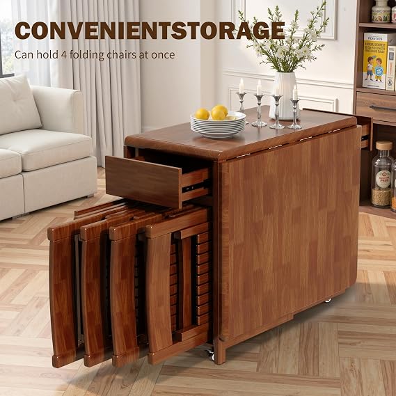Small Drop Leaf Table - Folding Dining Table Set for 6 with 6 Foldable Chairs Inside, Fully Assembled Solid Wood Space-Saving Kitchen Table and Chairs Set with Storage & Lockable Wheels, Walnut, 59