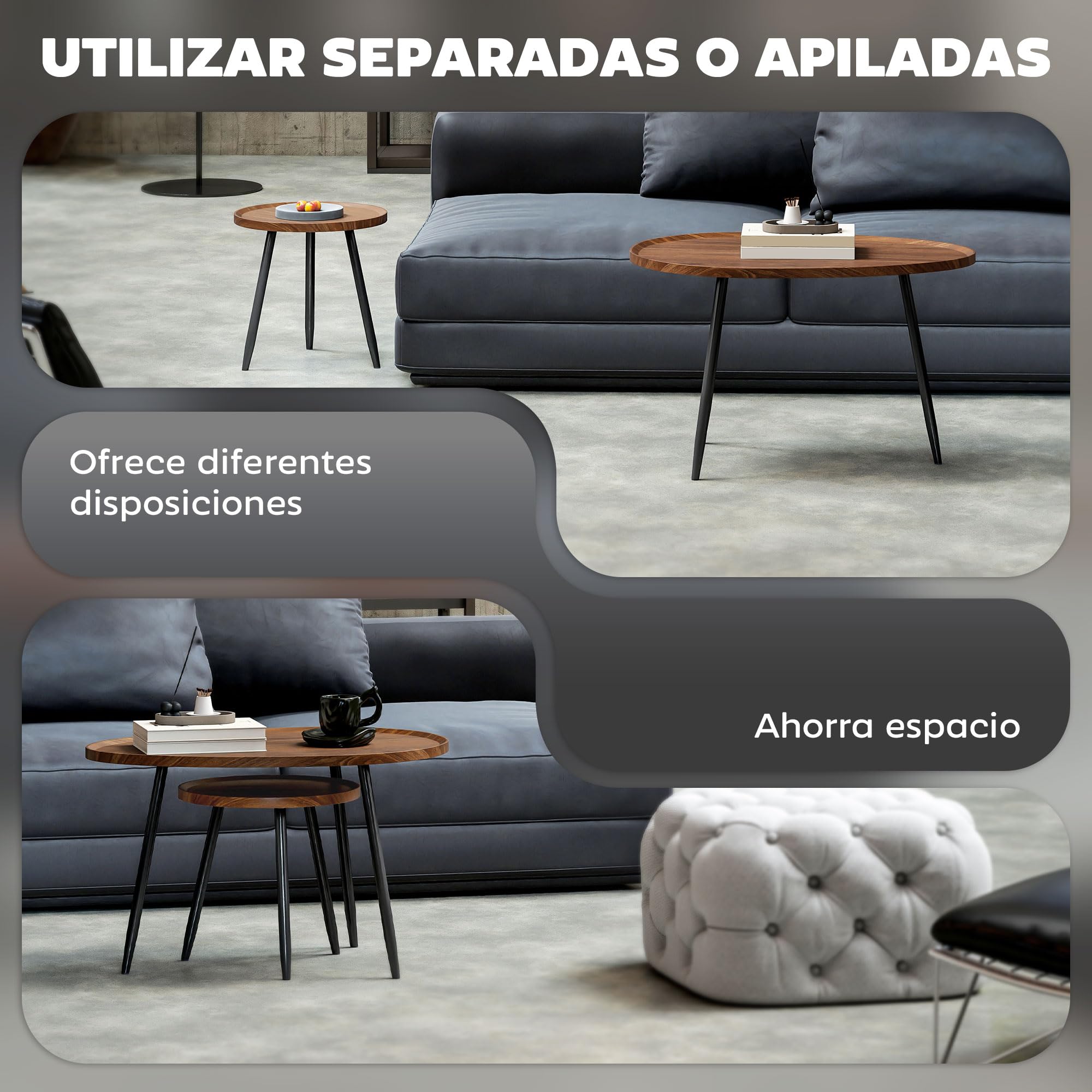 HOMCOM Juego de 2 Mesas Auxiliares Apilables Mesas Nido Mesitas de Café Estilo Moderno con Marco de Metal para Salón Dormitorio Oficina 80x55x49 cm y Ø40x39 cm Efecto Madera y Negro
