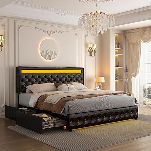 Miniatura 42 de GEGOFORU - Base de cama LED Queen con 4 cajones de almacenamiento, con control inteligente RGBW luces LED cabecera, control de color bricolaje,