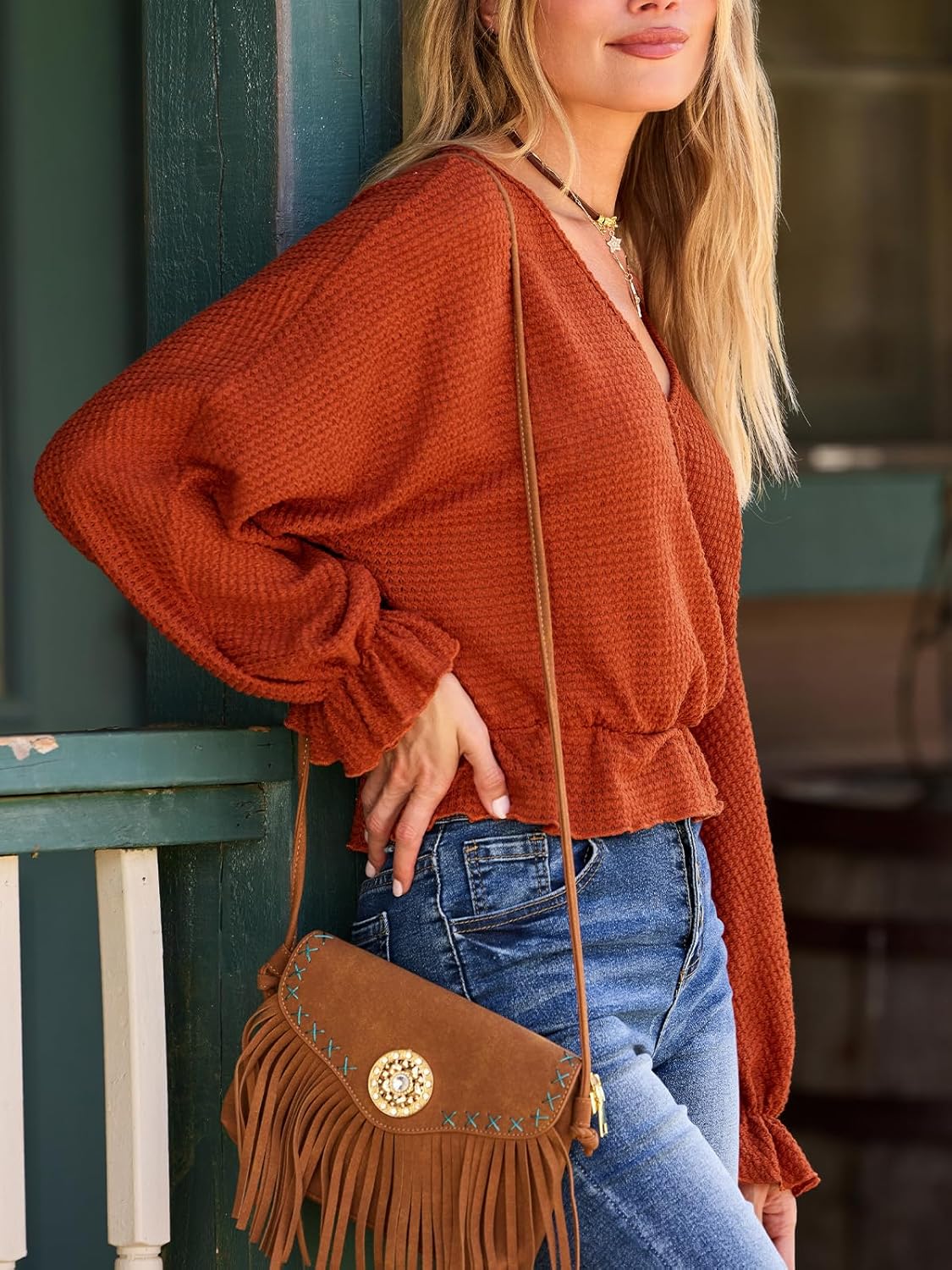 CUPSHE Womens V Neck Crop Tops Long Sleeve Y2K Wrap Cute Fashion 2025 Fall Blouse - Image 3